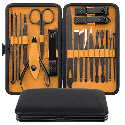 KMIKE Juego de manicura 19 en 1 de acero inoxidable profesional de pedicura kit de aseo de uñas, kit de cortaúñas con funda de piel sintética negra,