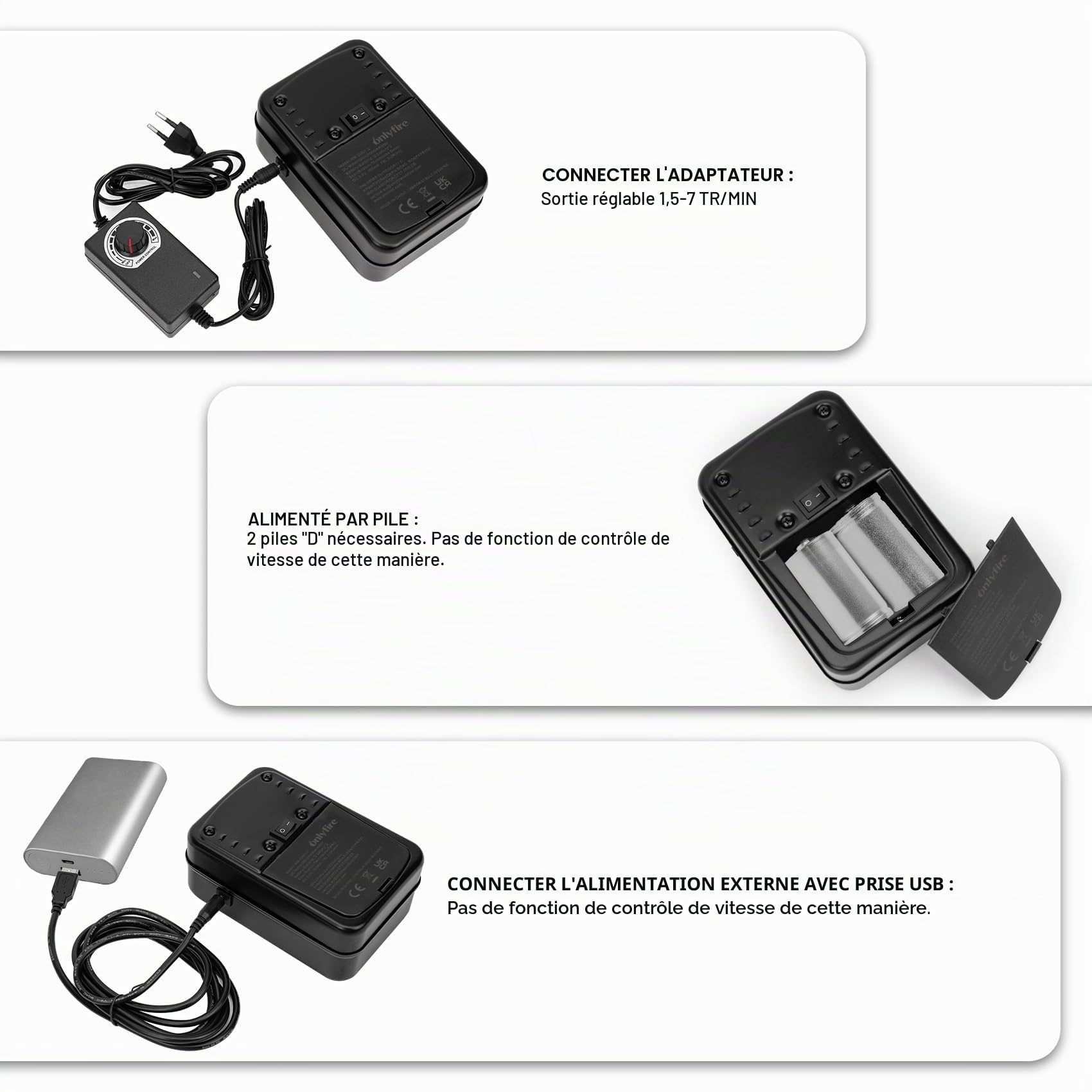 onlyfire Moteur Tournebroche Électrique 3 en 1 pour Barbecue - Alimentation Secteur, Piles D ou Câble USB – Vitesse Réglable 1,5 à 7 RPM – Compatible avec Rotissoire, Méchoui et Broche à Viande