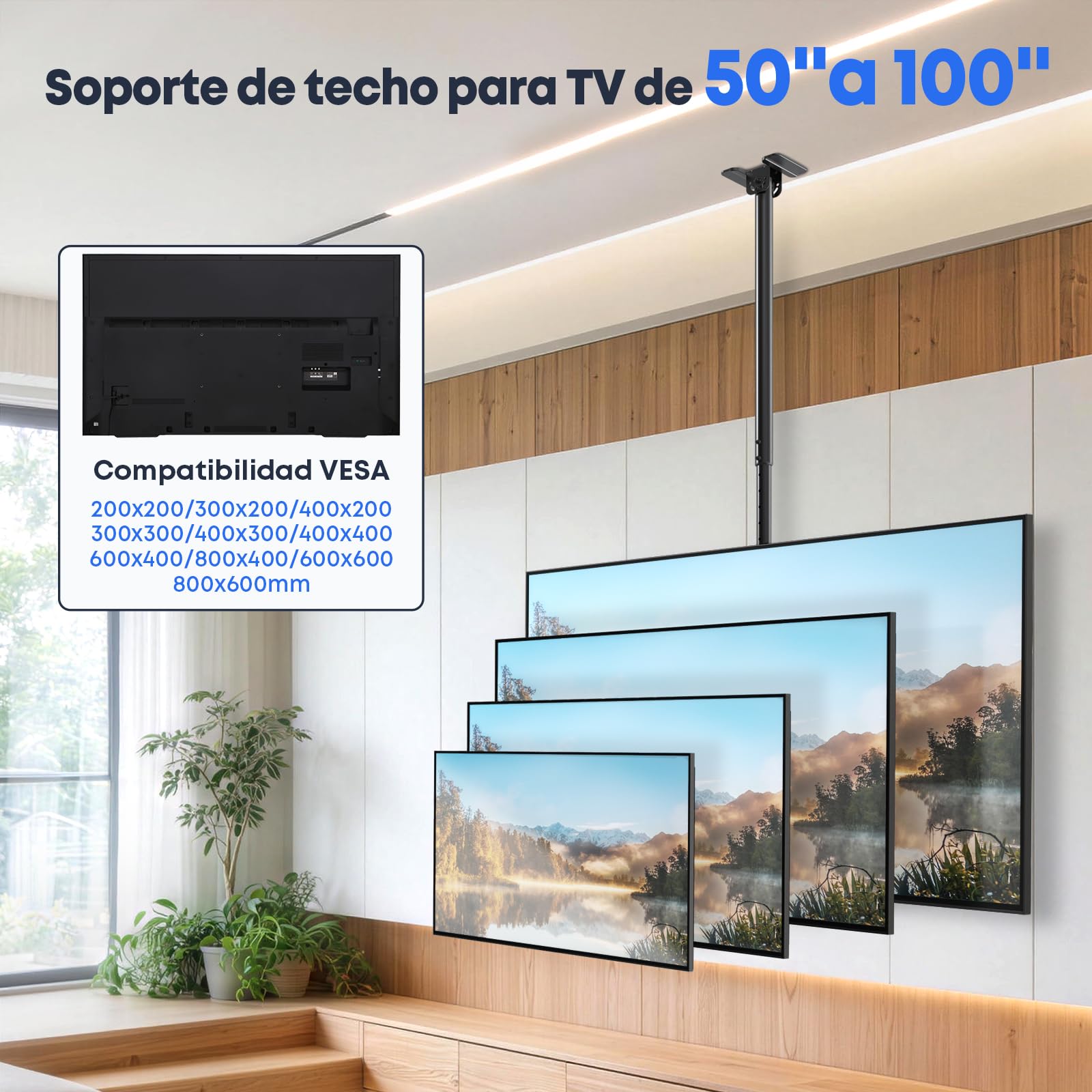 Soporte de techo para TV de 50 a 100 pulgadas, capacidad de carga de 80 kg, altura ajustable de 115 a 170 cm, soporte de TV para techo con giro y inclinación con VESA hasta 800x600 mm para uso