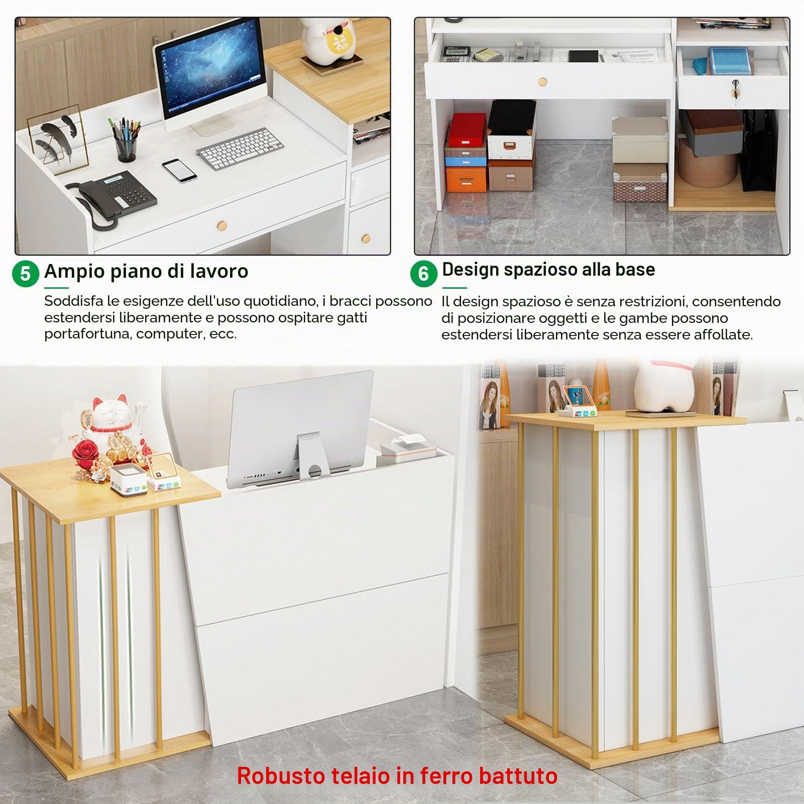 Banco Reception Bancone Cassa per Negozio, Scrivania Tavolo Reception, Reception Parrucchiere Legno Banco Bar da Esterno con Cassetti Bloccabili e 4 Spazio di Archiviazione per Hotel