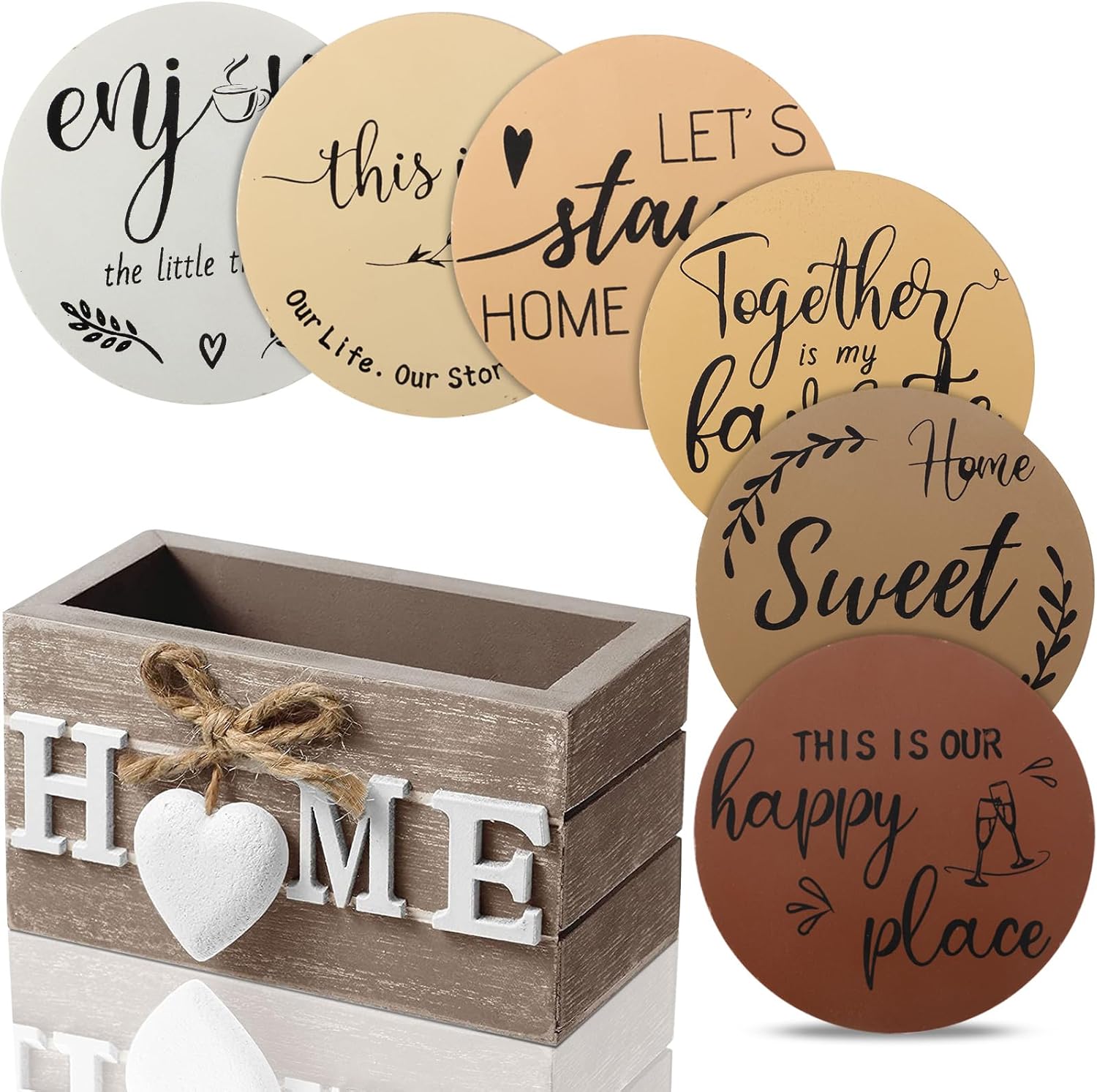 Queekay Coasters Set of 6 House Warming Gifts New Home Wooden Farmhouse Drink Coasters with Holder 4'' Funny Decoration for Kitchen Family Coffee Bar Tabletop Protection(Brown)