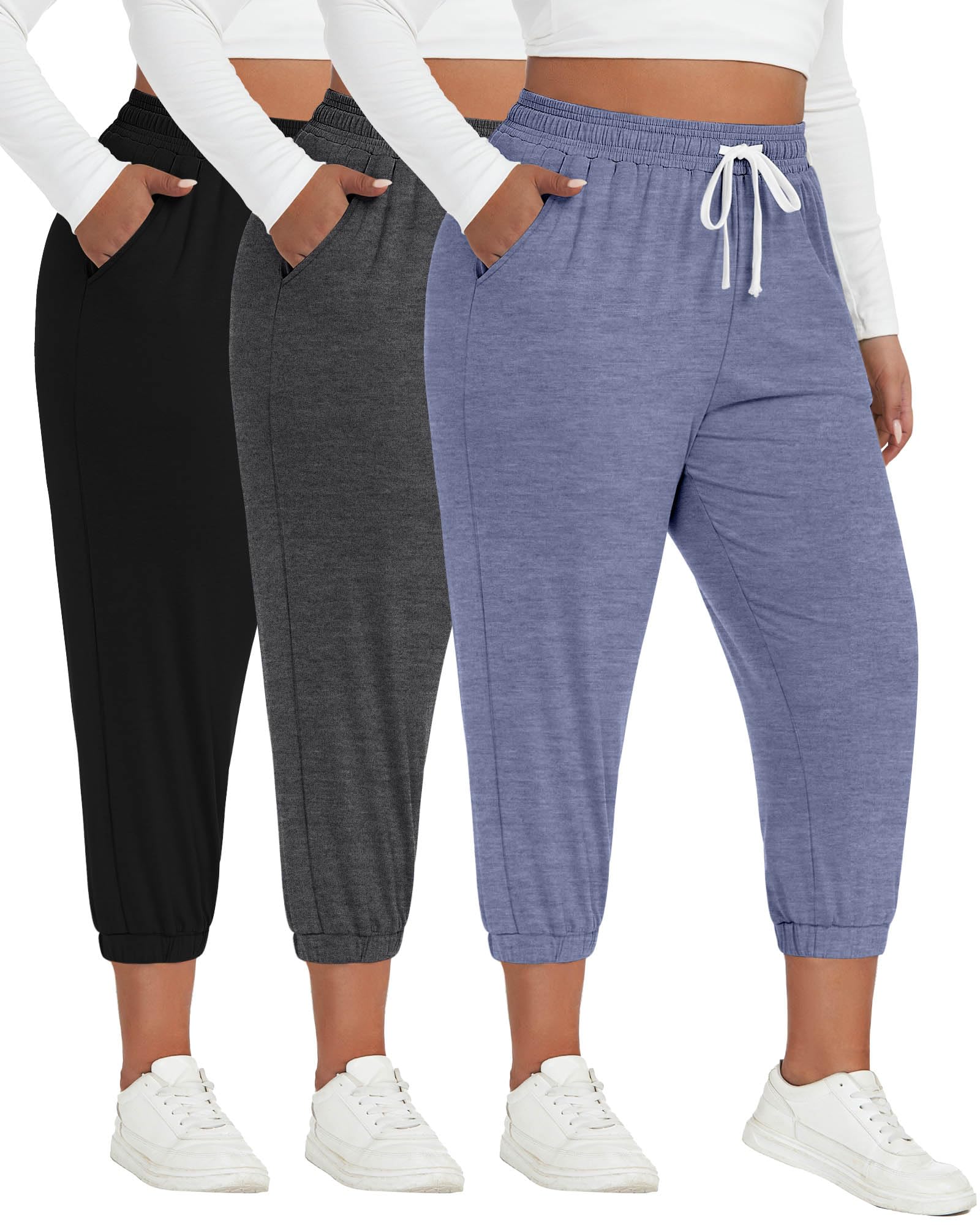 Ficerd 3 Pack Women's Plus Size Capri Sweatpants Cotton Drawstring Joggers Cropped Athletic Lounge Pants with Pockets