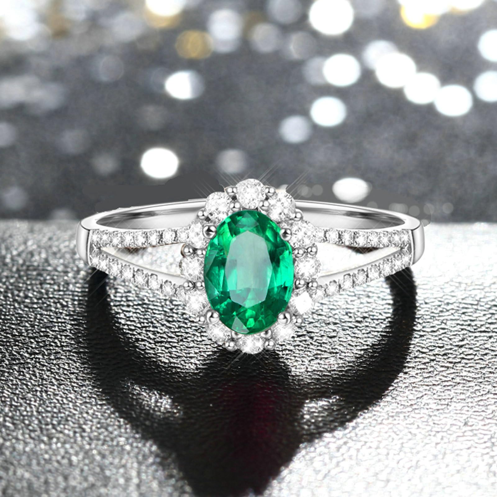 Anillo de compromiso para mujer de platino, anillos de promesa de boda con esmeralda ovalada de 1 ct y moissanita 0,39 quilates, tamaño H 1/2-V 1/2
