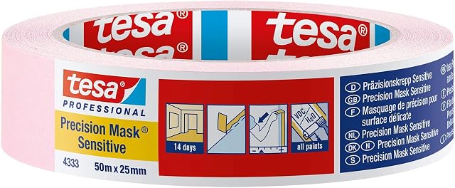 Tesa 43330001801 Precision Sensitive, Razor Sharp Edge and Low Tack Masking Tape for Indoor Painting and Decorating, Residue Free Removal, 50 m x 25 mm, 25mm