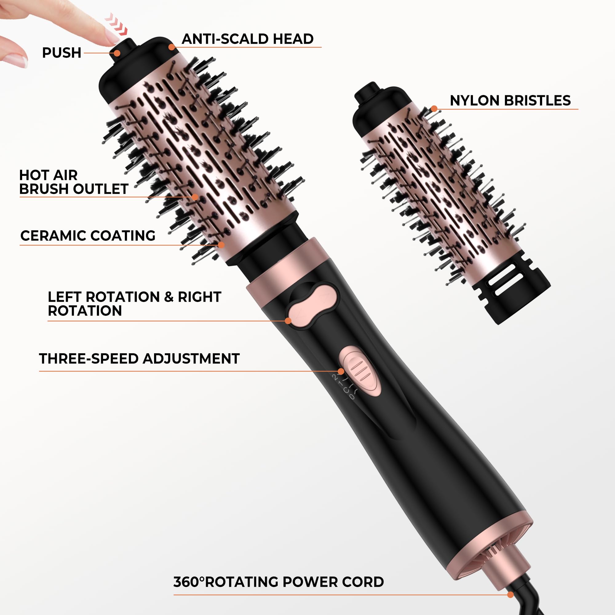 3-in-1 Rotating Hair Dryer Brush with 2 Detachable Brushes