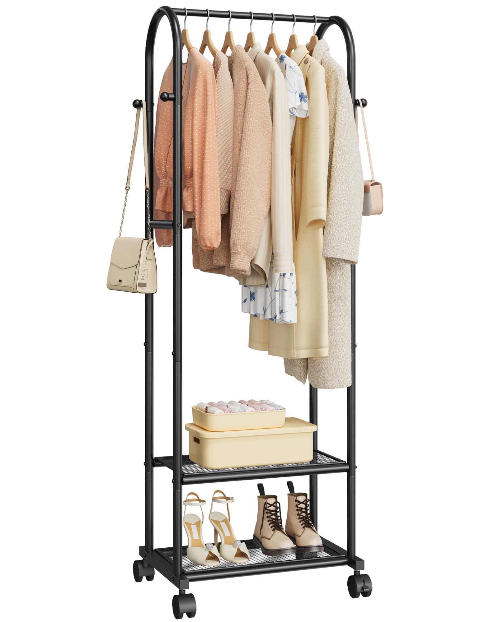 Heavy Duty Premium Clothes Rack with 2-Tier Mesh Shoe Shelves 4 Hooks Lockable Wheels Space-Saving Multi-Functional for Bedroom