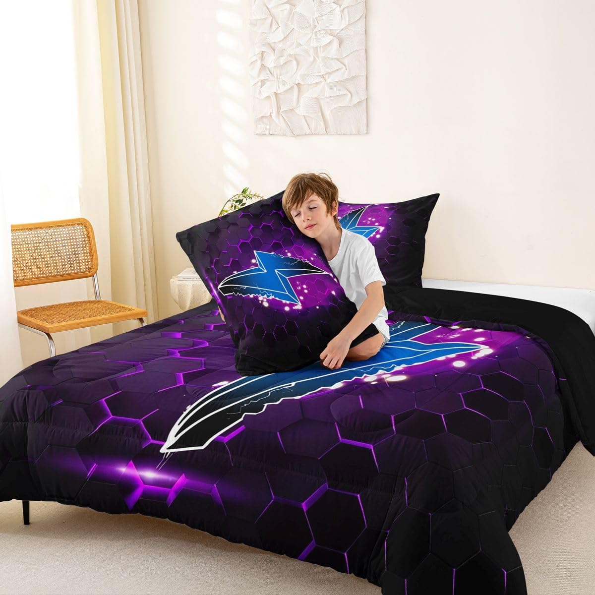 Manfei Blue Lightning Bedding Duvet Set Full Size,Black Geometric Hexagon Hive Comforter Set,Purple Glitter Shiny Dots Print Quilted for Teens Kids Boys Girls Bedroom Decoration,2 Pillowcases