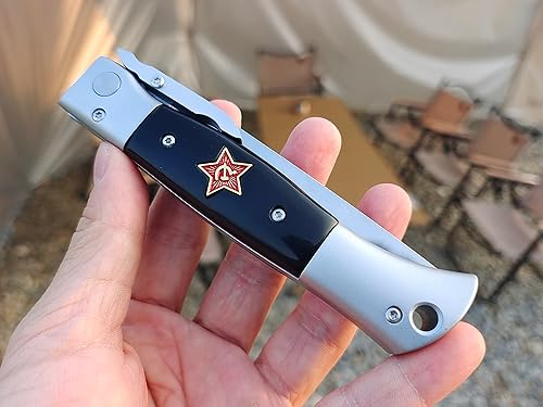 Miniatura 2 de Russian Finka-NKVD KGB - Cuchillo de bolsillo plegable, hoja de acero pulido de espejo de 3.74 pulgadas, mango de resina con incrustaciones de