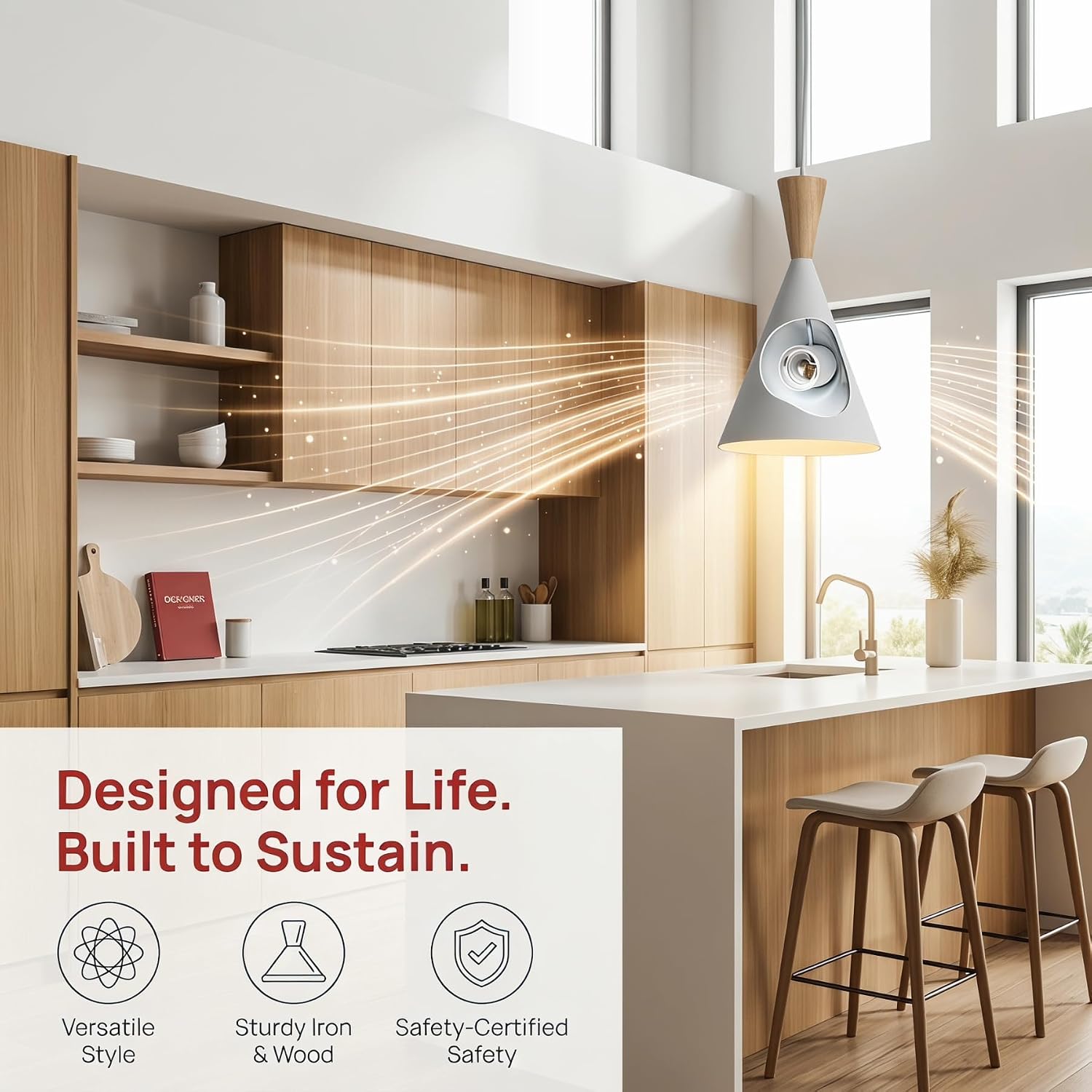 Modern Cone Pendant Light with Metal Shade&Wood Top, E26 UL Socket, Adjustable Hanging Light Fixture for Kitchen Island, Dining Room, Bedroom, Farmhouse, Mid-Century Style, White Matte