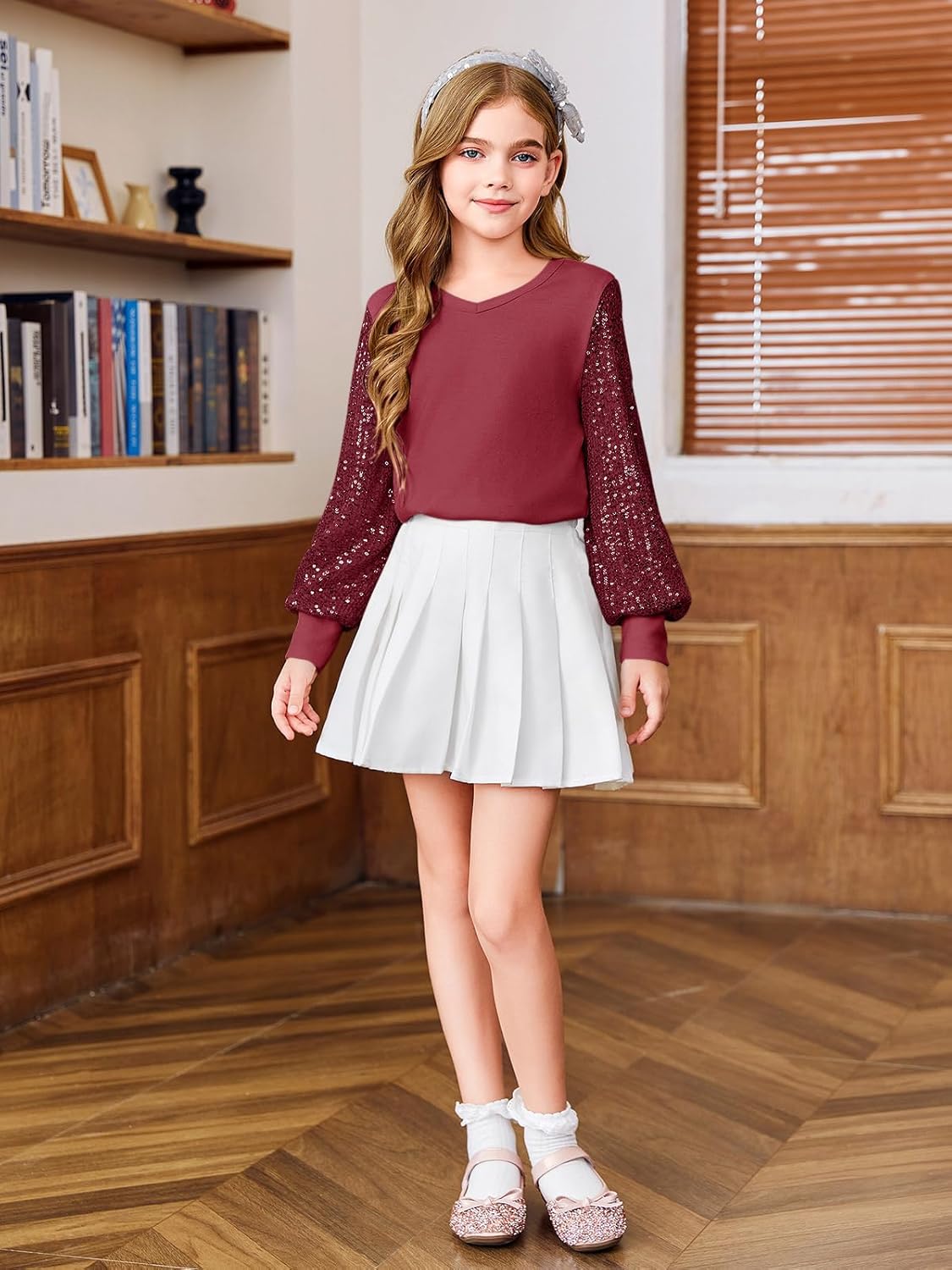 Haloumoning Girls Sequin Shirts Kids Cute Tops Long Sleeve V Neck Blouses for 5-14 Years - Image 4