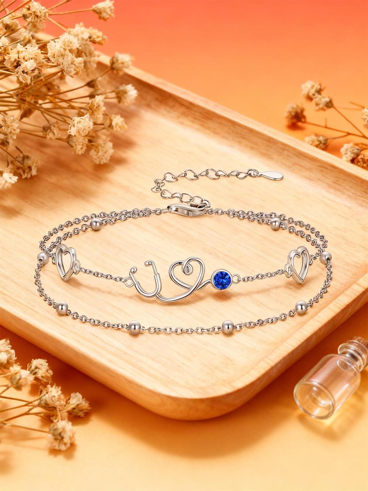 Dorunmo Braccialetto con stetoscopio in argento Sterling 925 con stetoscopio da infermiera, con pietra portafortuna, regalo per infermieri, dottori, studenti di medicina
