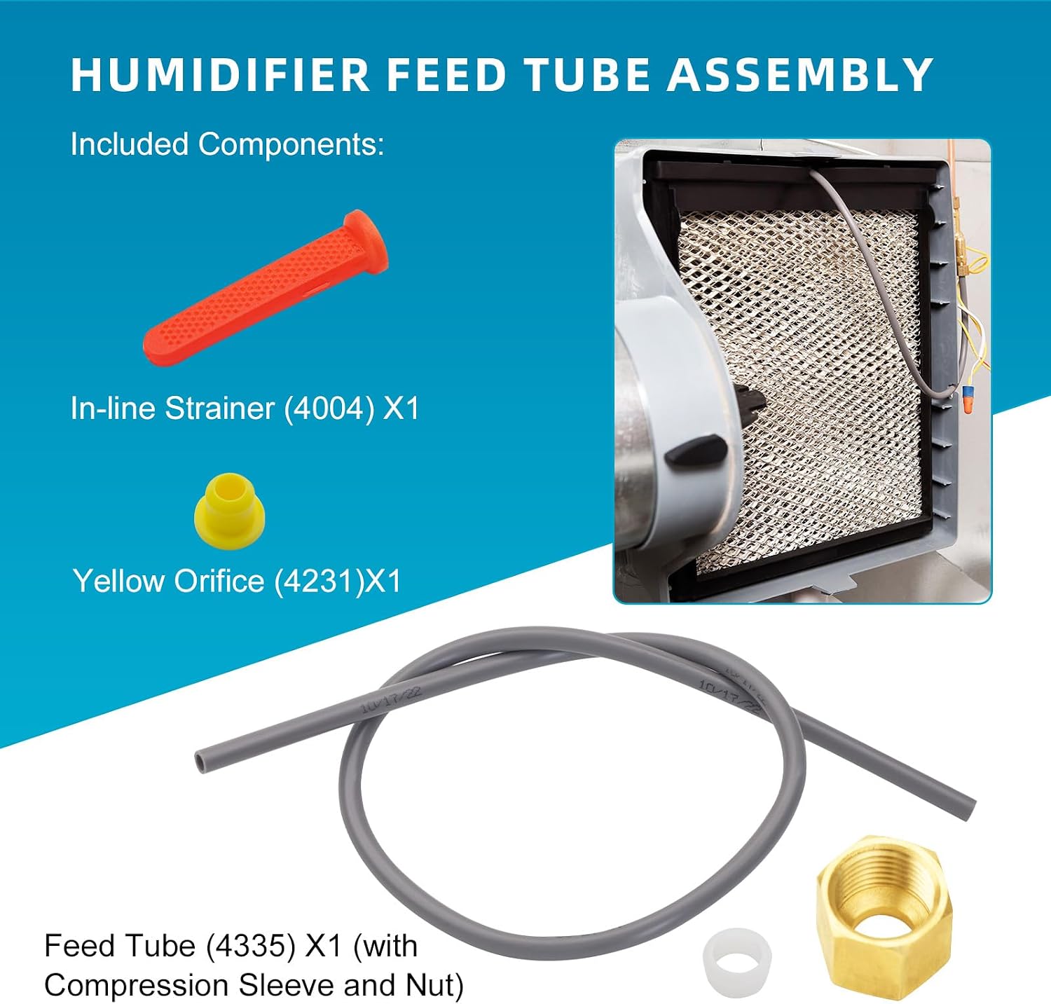 4335 Feed Tube Set, Includes Compression Sleeve and Nut (4335), in Line Strainer (4004), Yellow Orifice (4231), for Aprilaire Humidifier Models 400, 500, and 600.