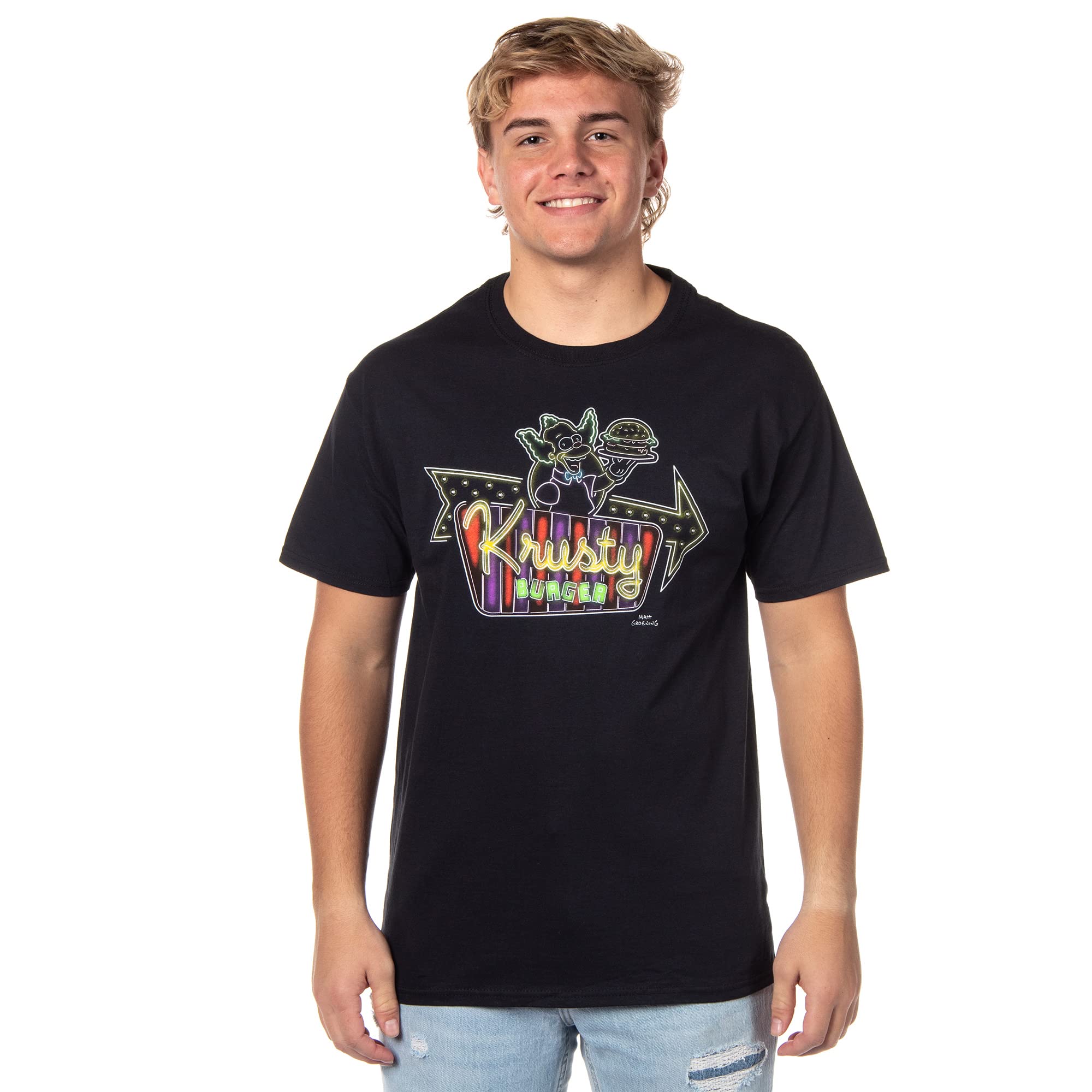 The Simpsons Men's Krusty Burger Neon Sign Logo Adult T-Shirt Tee (Small)