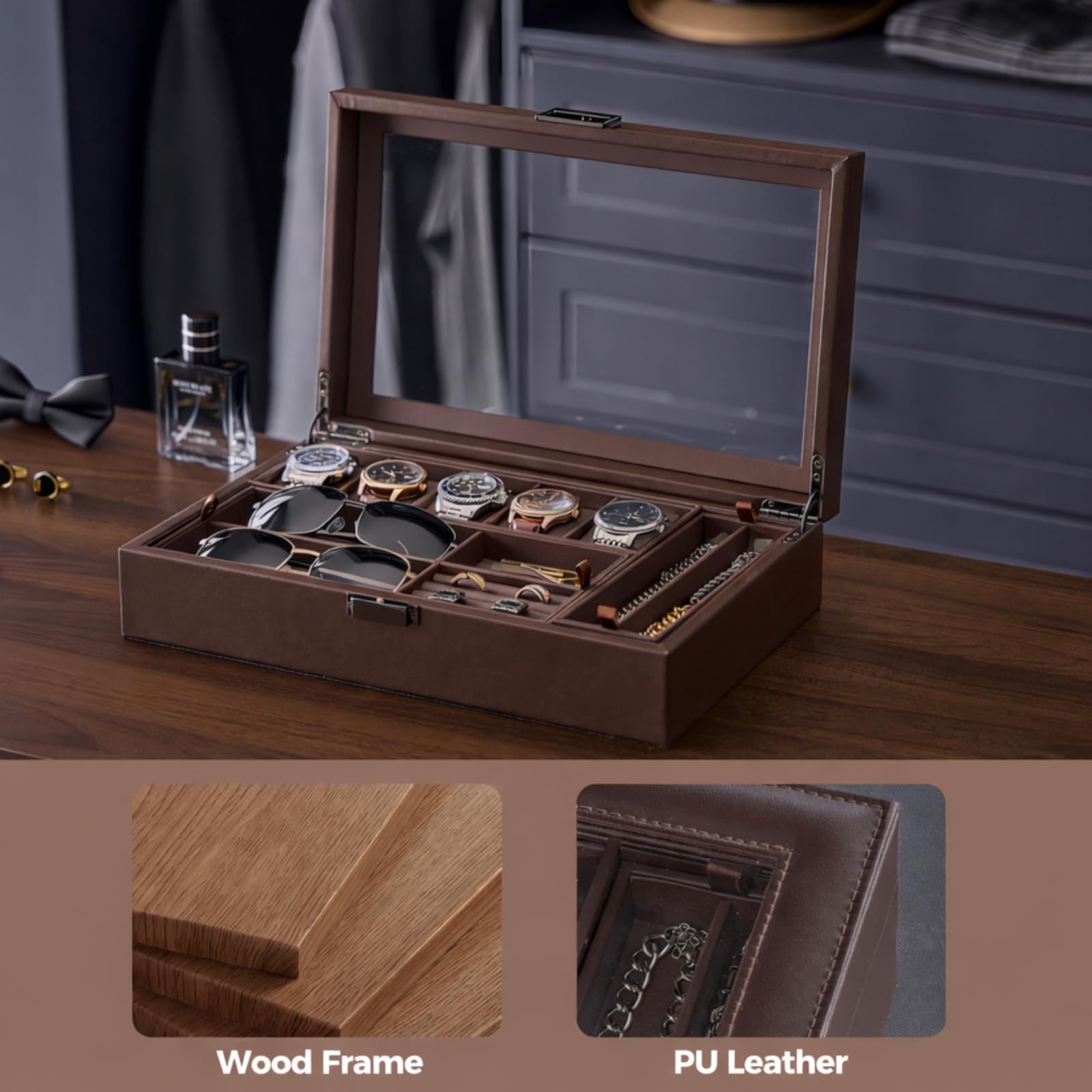 ProCase Orologio Scatola Gioielli Organizzatore, 5 Slot Vetrina Orologio in Pelle con Coperchio di Vetro Trasparente Divisori Rimovibili Scatola Gioielli Per Anelli Braccialetti Occhiali-Espresso