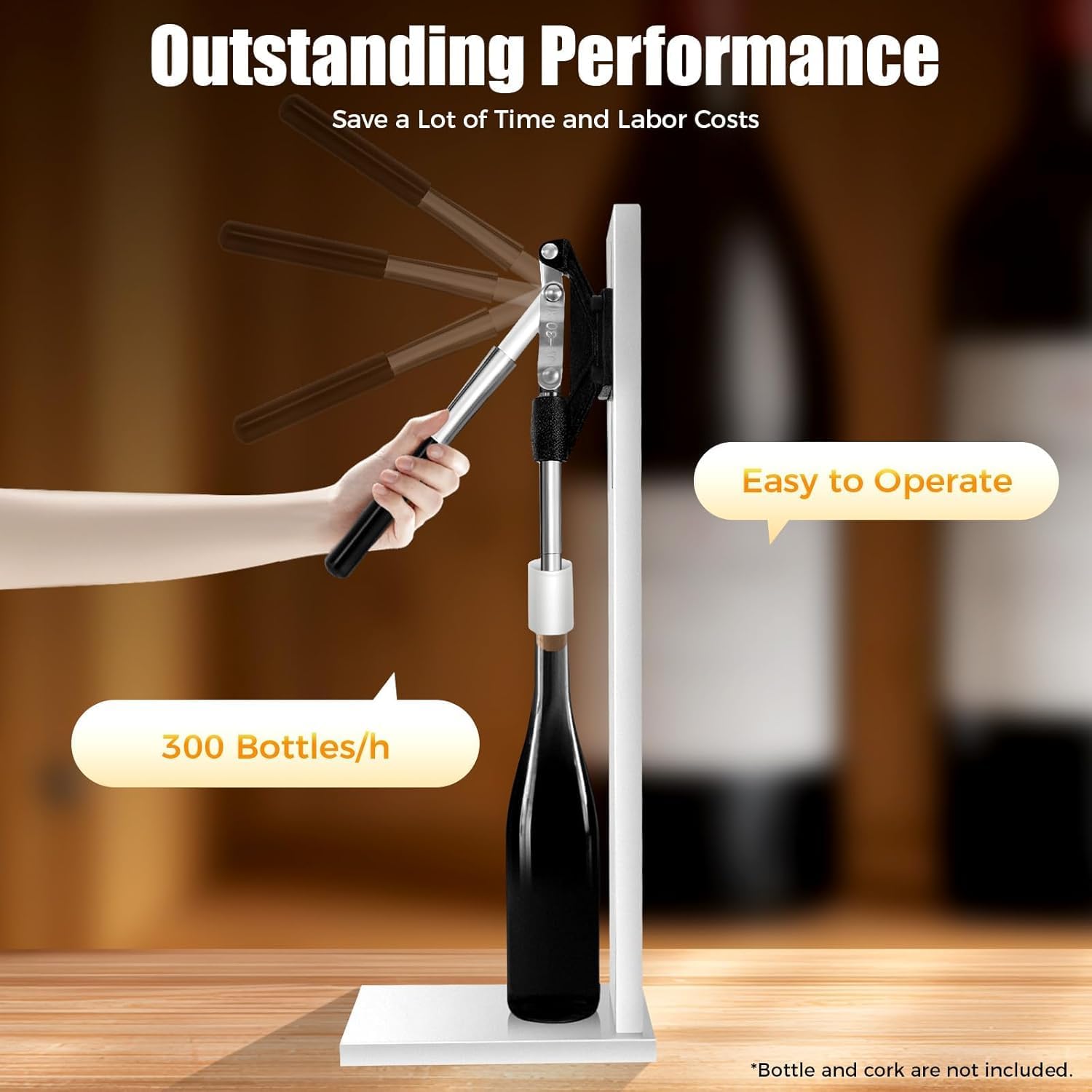 Manual Wine Bottle Corker Machine, Stainless Steel Cork Press with Adjustable Height for 0.2L-0.75L Bottles, 300+/Hour Efficient Bottling Kit for Home Winemaking, Bars, Wineries, Includes 2 POM Covers