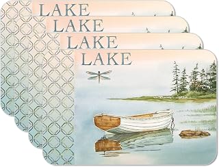Counterart Lake Boat 4 Pack Reversible Easy Care Flexible Plastic Placemats Made in The USA BPA Free PVC Free Easily Wipes Clean