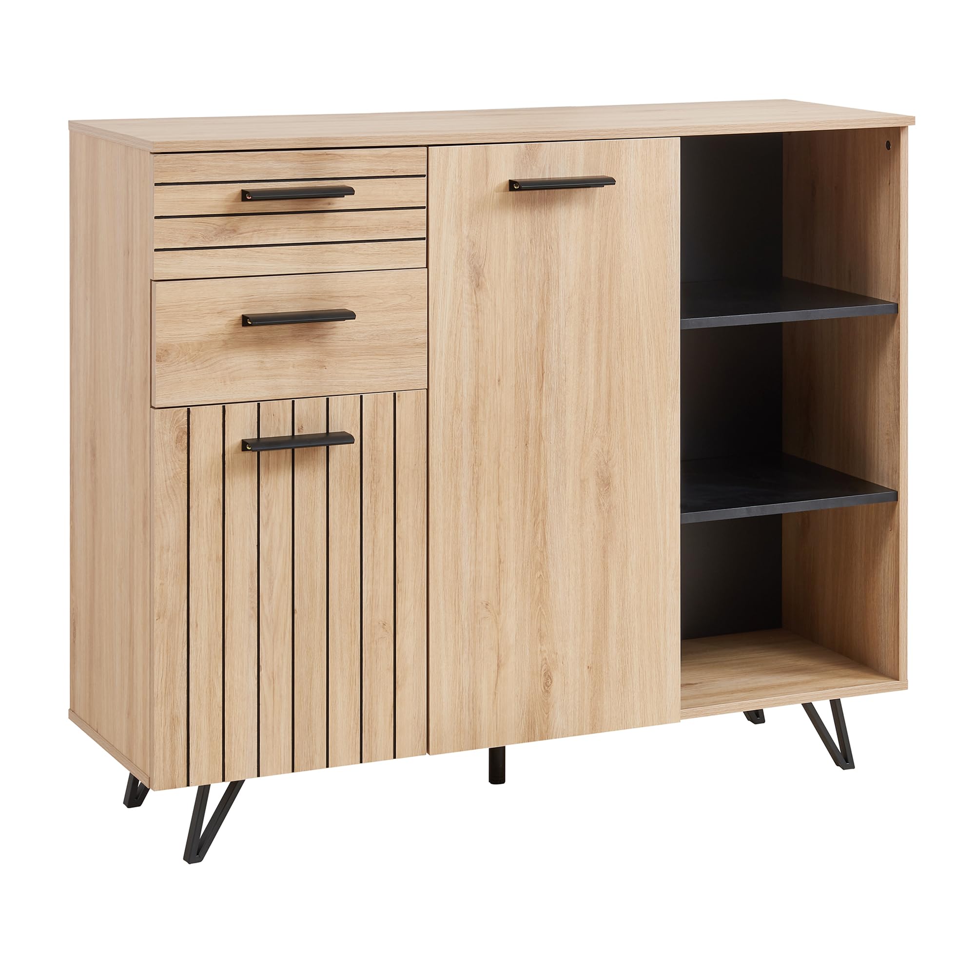 [en.casa] Aparador para Salón Noppen Aparador Multiusos con 2 Cajones 2 Compartimentos con Puertas y 3 Compartimentos Abiertos Mueble Auxiliar para Comedor Oficina 100 x 120 x 38 cm - Efecto Roble