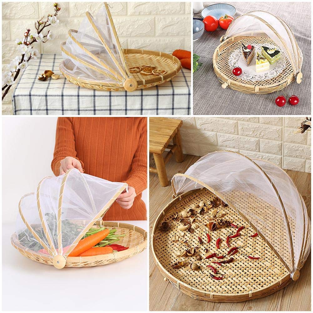Cestino in bambù intrecciato a mano con copertura in rete, per coprire e servire il cibo, a prova di insetti, antipolvere, per pane, frutta e verdura, Bambù, Stile 3, Dia.30cm