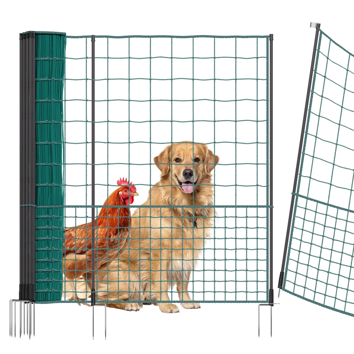 VOSS.farming Geflügelnetz 25m, 125cm Hühnerzaun, Hühnernetz, Geflügelzaun, Hundenetz, Hundezaun, 11 Pfähle 2 Spitzen grün, ohne Strom