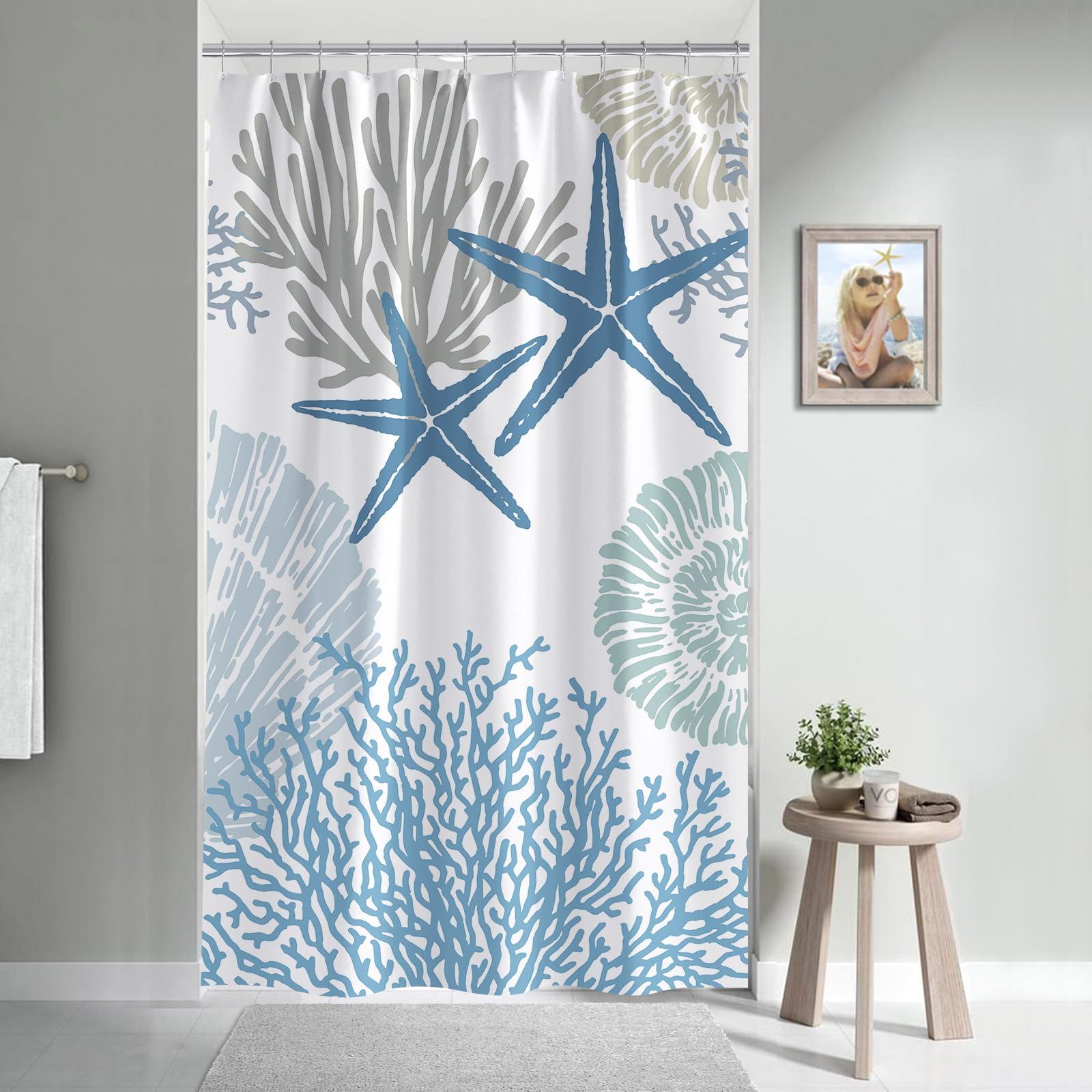 Gibelle Small Stall Shower Curtain 36 x 72, Narrow Half Nautical Coastal Fabric Shower Curtain, Ocean Beach Seashell Starfish Marine Underwater