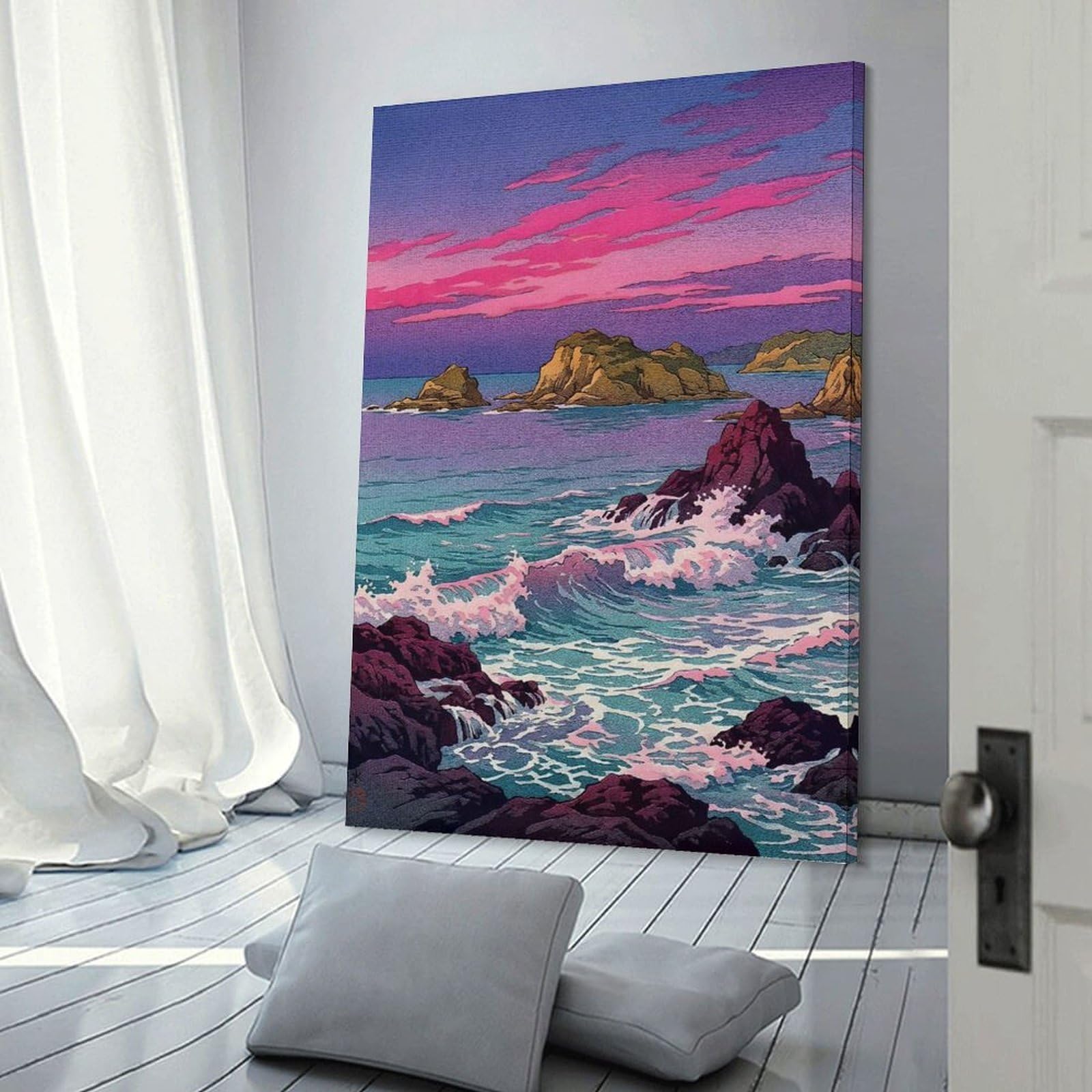 Junmoney Canvas Wall Picture Coastal Landscape with Pink Sky, 08x12inch(20x30cm), for Restful Interiors, Bedrooms Or Small Rooms, Home Artwork with A Soft Interior Feel