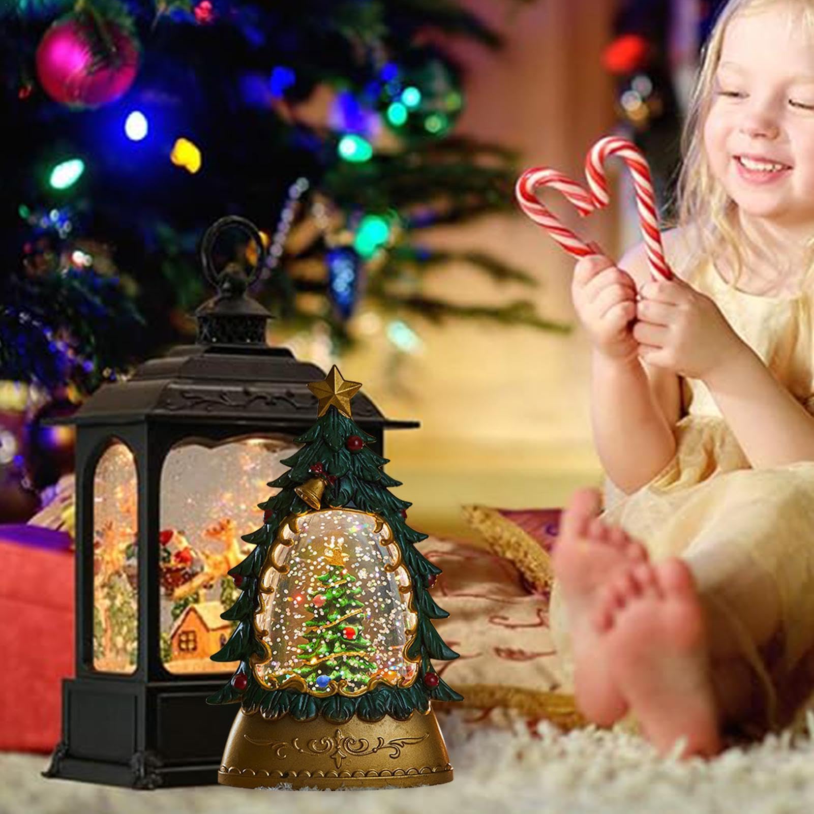 Bola de Nieve Brillante,Globos de Nieve, Bola Brillante con Forma de árbol de Navidad, Luz Nocturna de Bola Brillante de otoño, Decoraciones iluminadas en la Puerta para el hogar Interior, Mesa