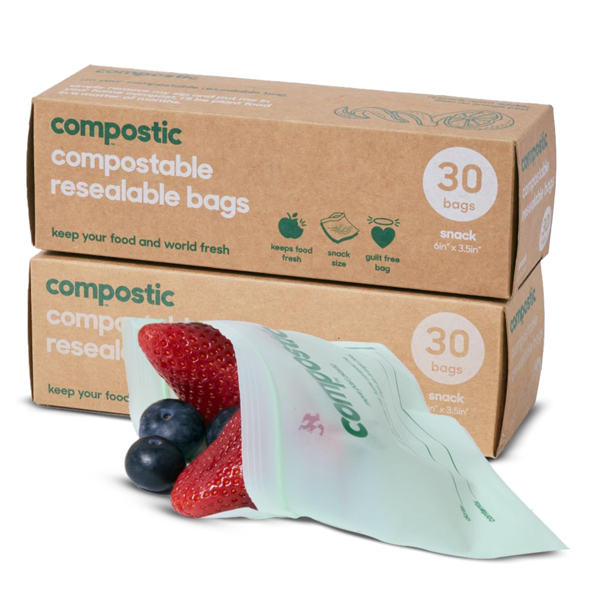 Compostic Compostable Snack Bags, 60 Ct, Resealable Zip Snack Baggies