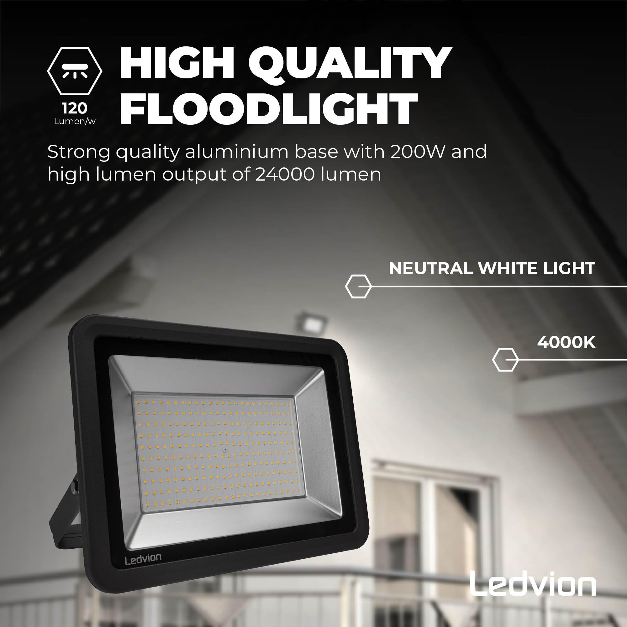 Ledvion Reflektor LED, 200 W, LED, reflektor 4000 K, oświetlenie robocze, 17000 lumenów, reflektor zewnętrzny, wodoszczelność IP65, reflektor z szybkim podłączeniem