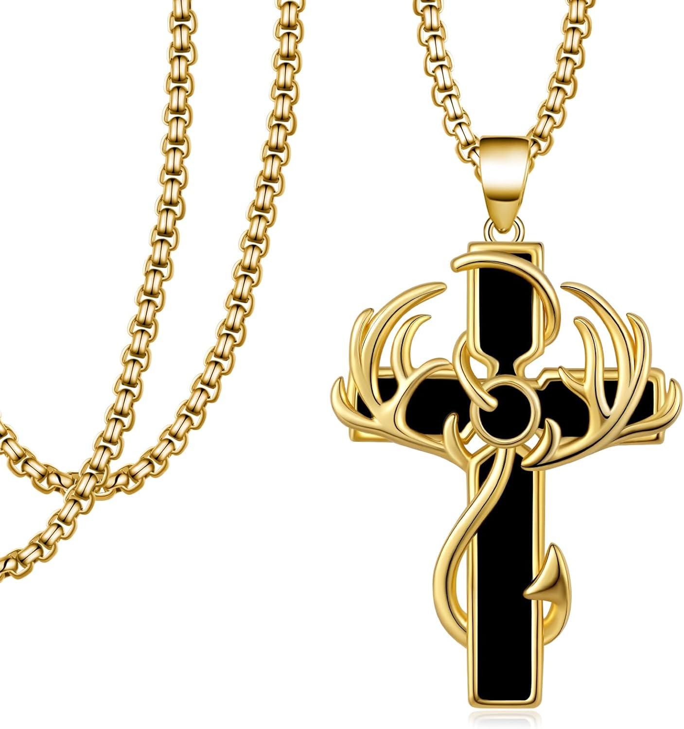 Gold Cross Necklace for Men 925 Sterling Silver Fish Hook Antler Cross Necklace Christian Jewelry Gifts for Men