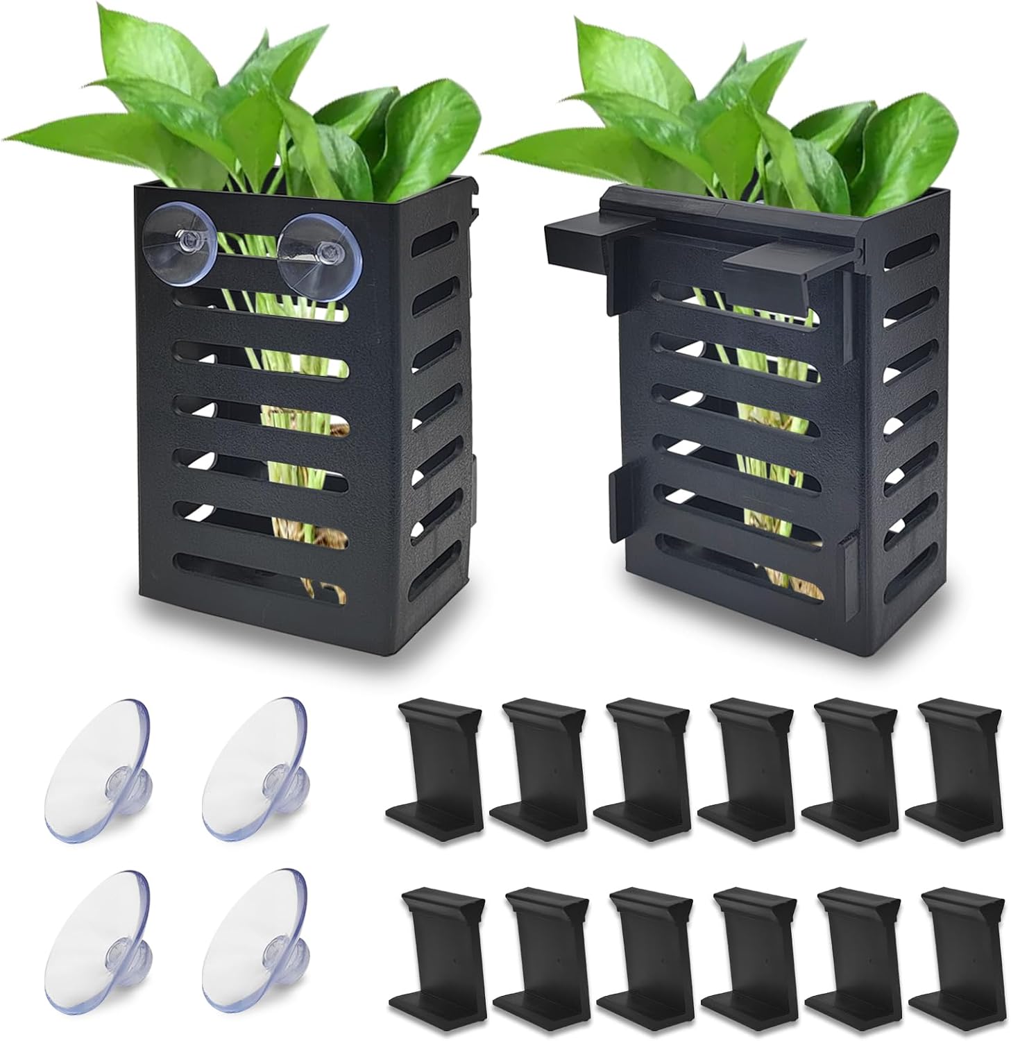 WishLotus Aquarium Plant Holder, 2 PCS Plastic Fish Tank Plant Holder with Hooks and Suction Cups Hanging Aquatic Plant Holder for Fish Tank Aquatic Plant Accessories (Black)