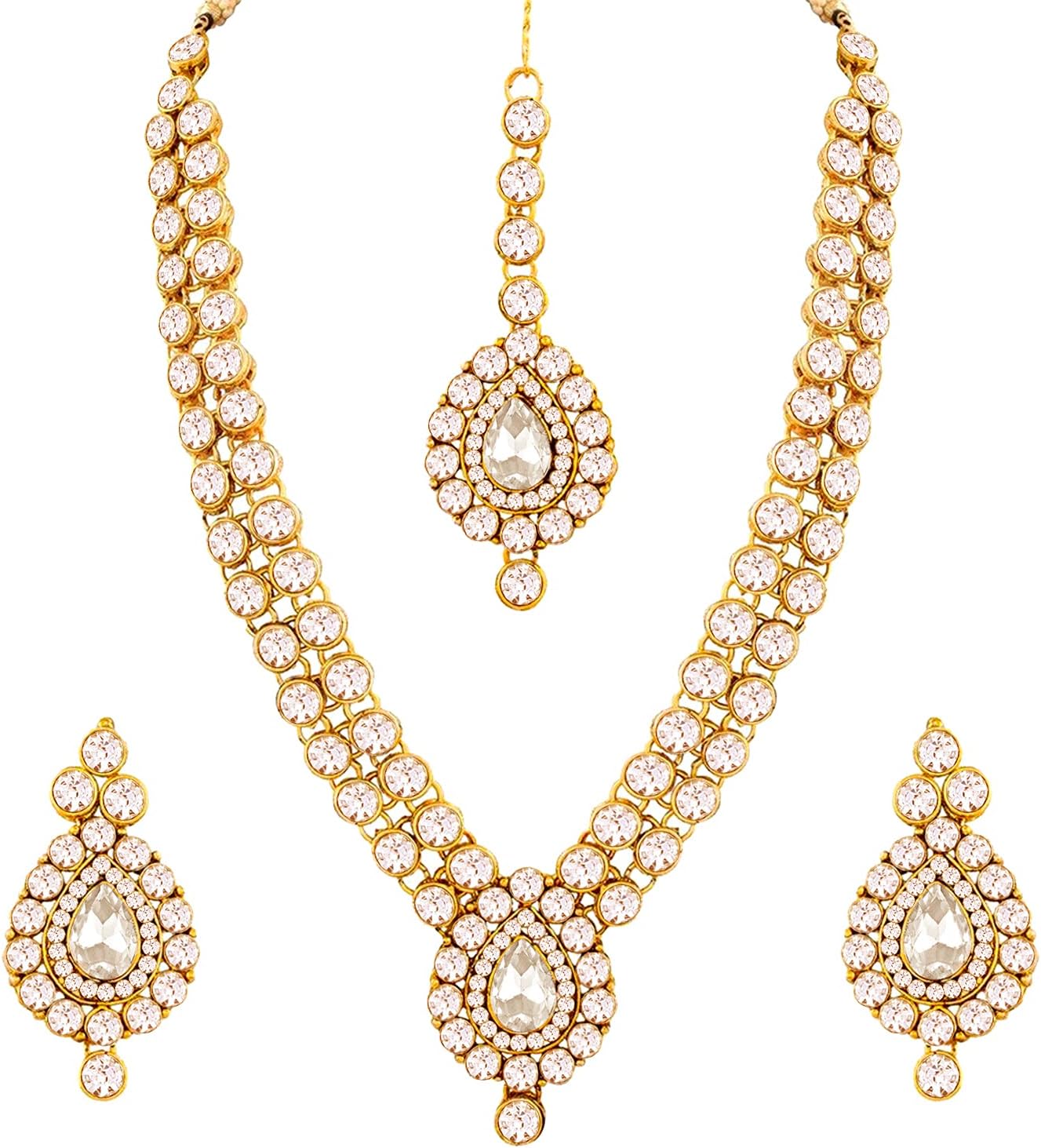 Ethnic Wedding Party Wear Gold Tone Faux Stone Studded Necklace with Stud Earrings Set Indian Bollywood Fashion Jewelry for Women