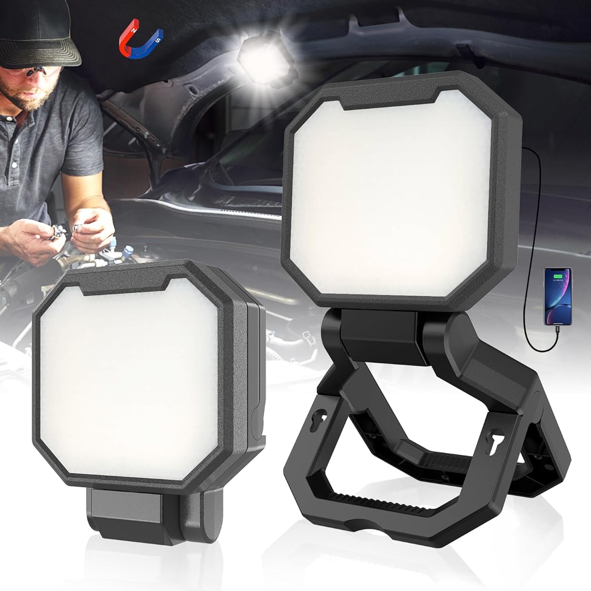 HYPERLITE Rechargeable Work Light 2pack 40W 4000Lumens, Hanging Hook Folding Bracket, Magnetic Work Light Job Site Lighting for Car Repairing, Camping, Working, and Hurricane