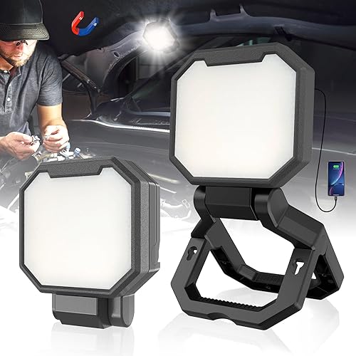 HYPERLITE Paquete de 2 luces de trabajo recargables de 40 W, 4000 lúmenes, soporte plegable con gancho colgante, luz de trabajo magnética para el