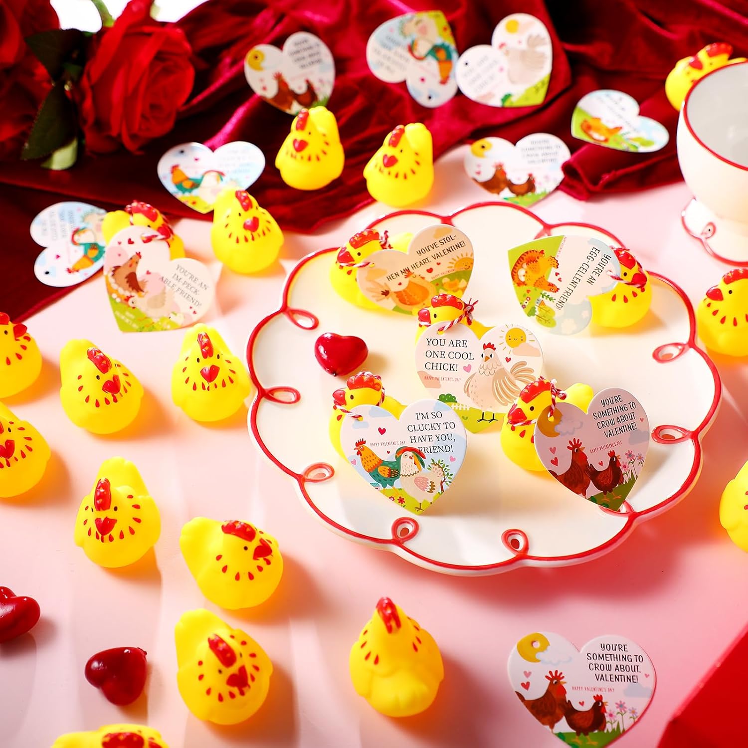 24 Set Valentines Day Gift Mini Rubber Chicken with Heart Cards Exchange Gift for Friends Prize Goodie Bags Filler Chicken Party Favors Valentines Exchange Activity Lucky Gifts Bulk