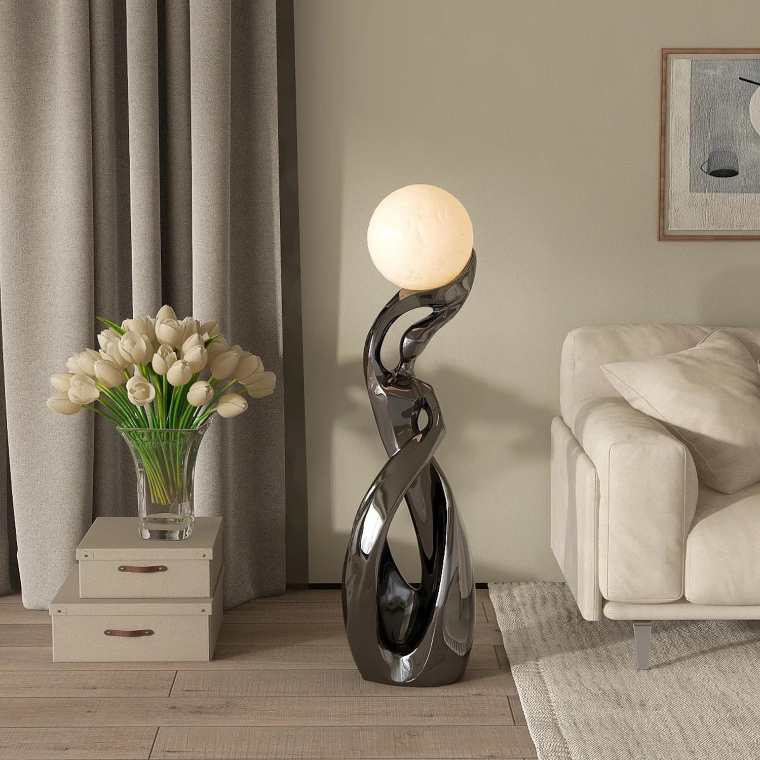 Bofea-Smoky Color Floor Lights,3D Moon Lamp with 9.44 Inch Resin Base,Mood Lighting with Touch Control Brightness for Home Decor, Bedroom Lighting