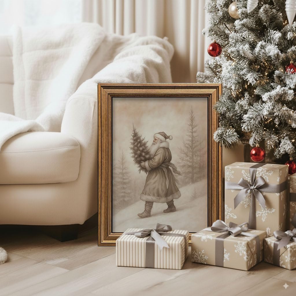 Vintage Christmas Decor Farmhouse Wall Art Gold Framed Rustic Winter Landscape Santa Pictures Painting for Home Living Room Decor (Santa, 20L" x 16W")