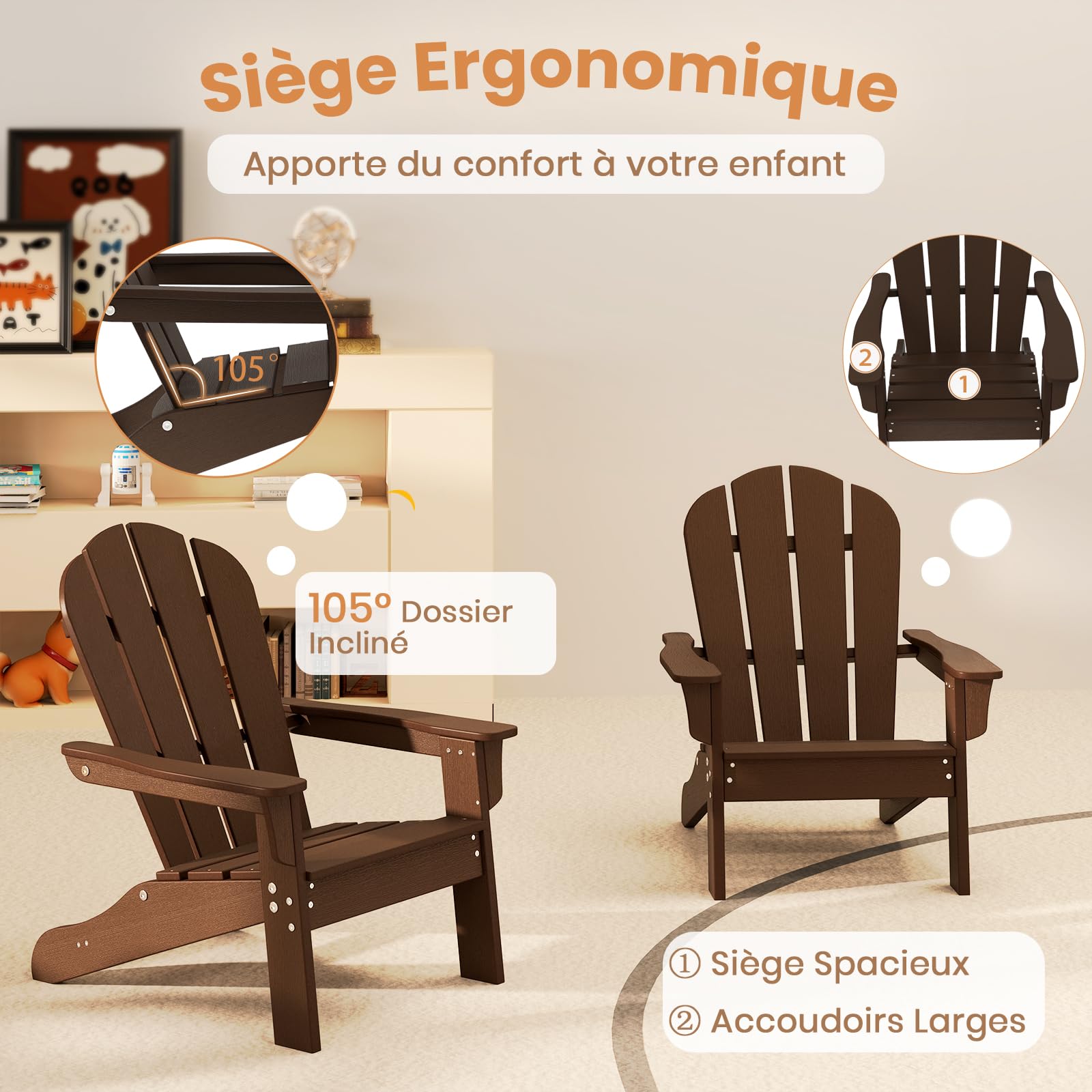 GOPLUS Chaise Adirondack Exterieur pour Enfants, Fauteuil de Jardin en HDPE Résistante aux Intempéries avec Large Siège, Dossier & Accoudoirs, Angle à 105°, Enfant pour 3-8 Ans,Charge 75KG (Marron)