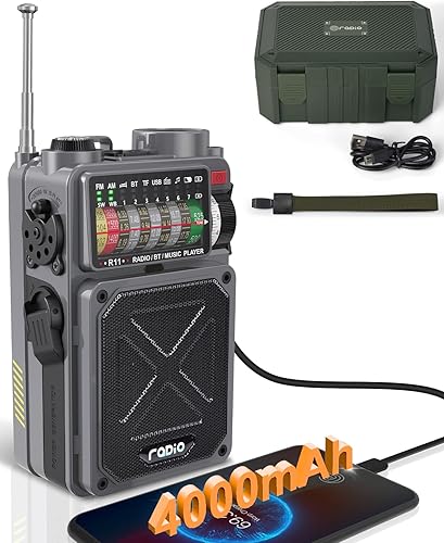 Miniatura 11 de R11 Radio de emergencia de manivela - 4000 mAh/14800 mWh NOAA/SW/AM/FM, carga solar/manual/USB, receptor Bluetooth/USB/reproducción TF, con brújula,