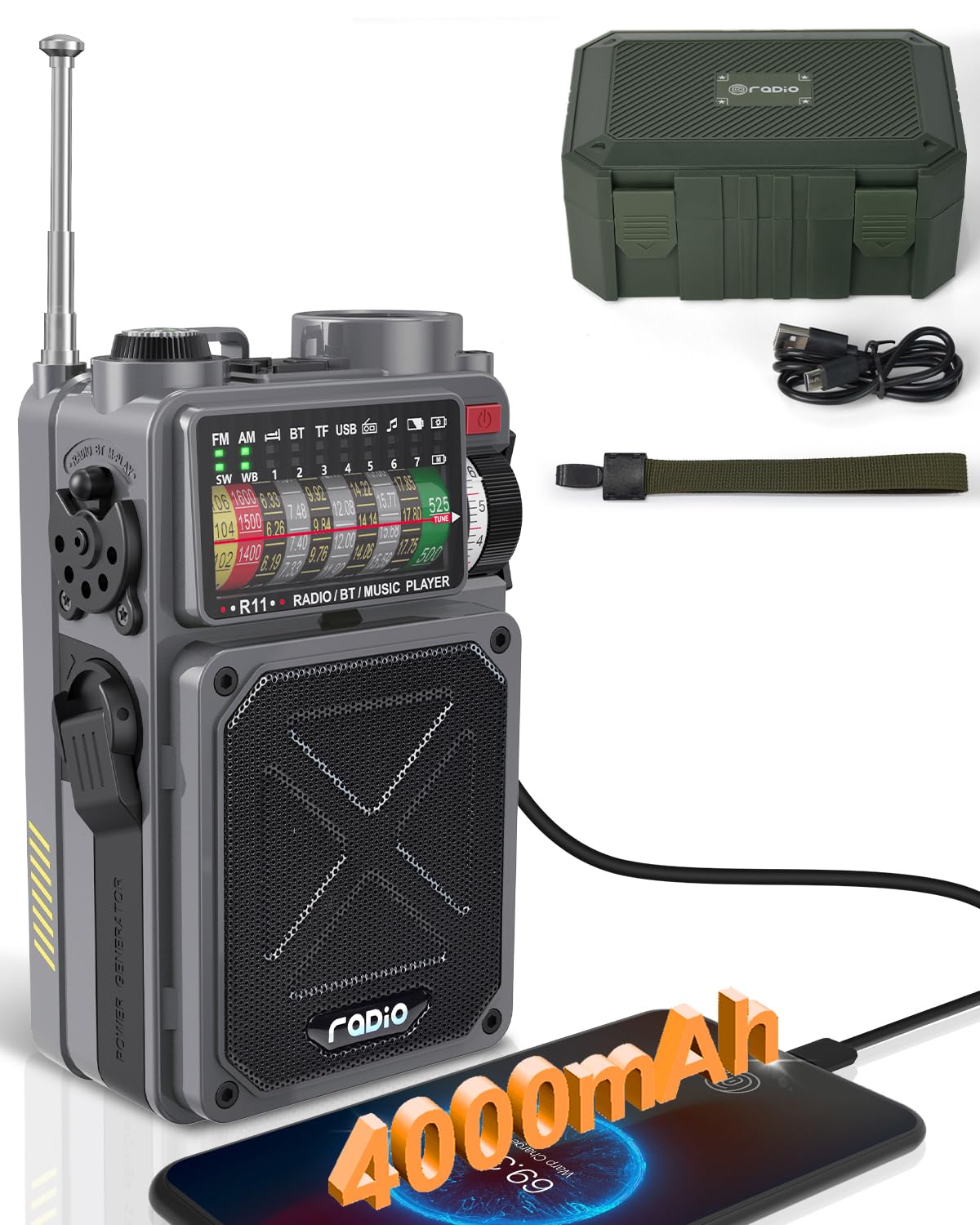 Emgykit R11 Portable Shortwave Radio - 4000mAh/14800mWh NOAA/SW/AM/FM, Solar/Hand Crank/USB Charging, Bluetooth Receiver/USB/TF Playback,with Compass,Flashlight,SOS for Camping & Emergencies - Grey