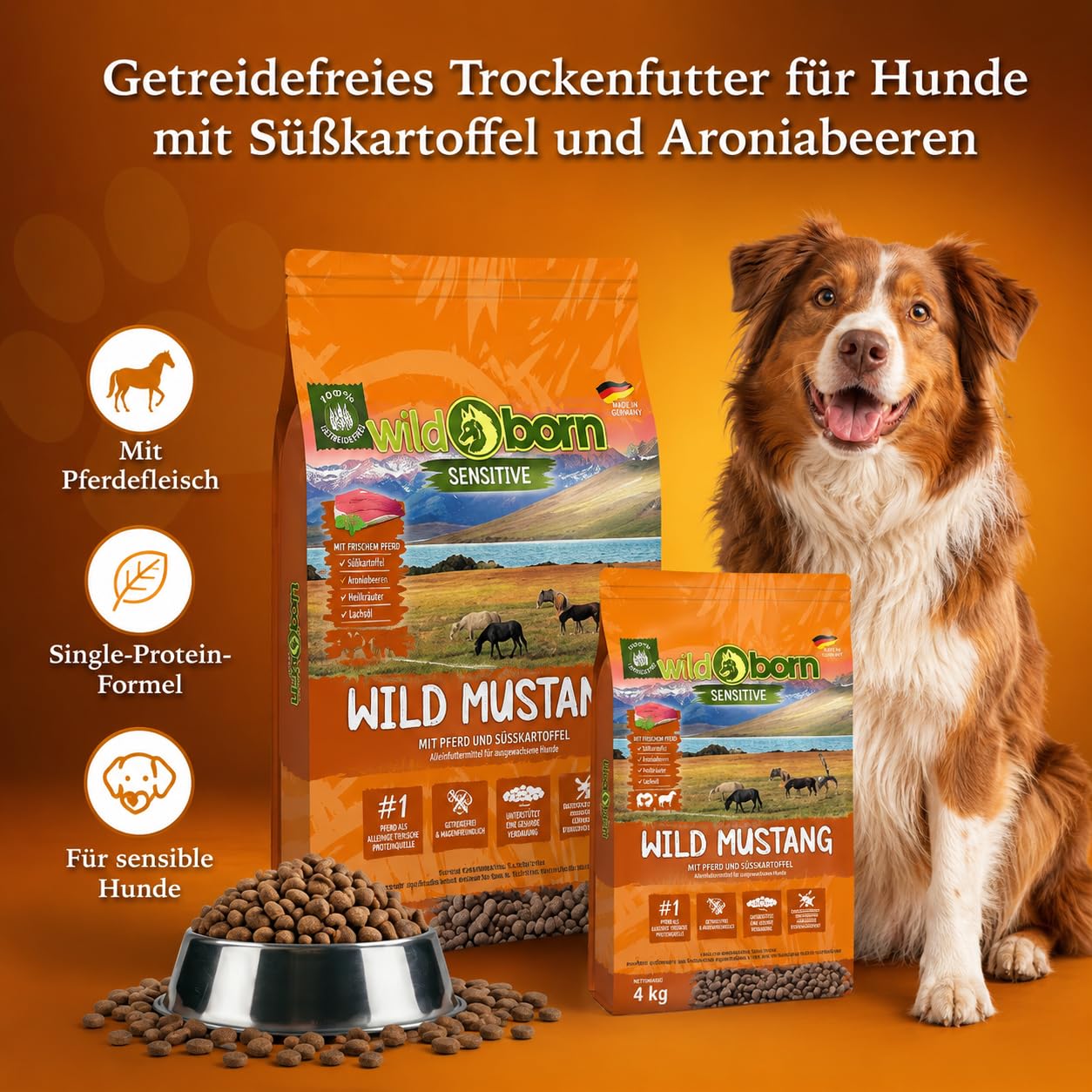 Wildborn Wild Mustang 1 x 11 kg getreidefreies Hundefutter mit Pferdefleisch, Süßkartoffel & Aroniabeeren | Monoproteinprodukt auch für Allergiker geeignet