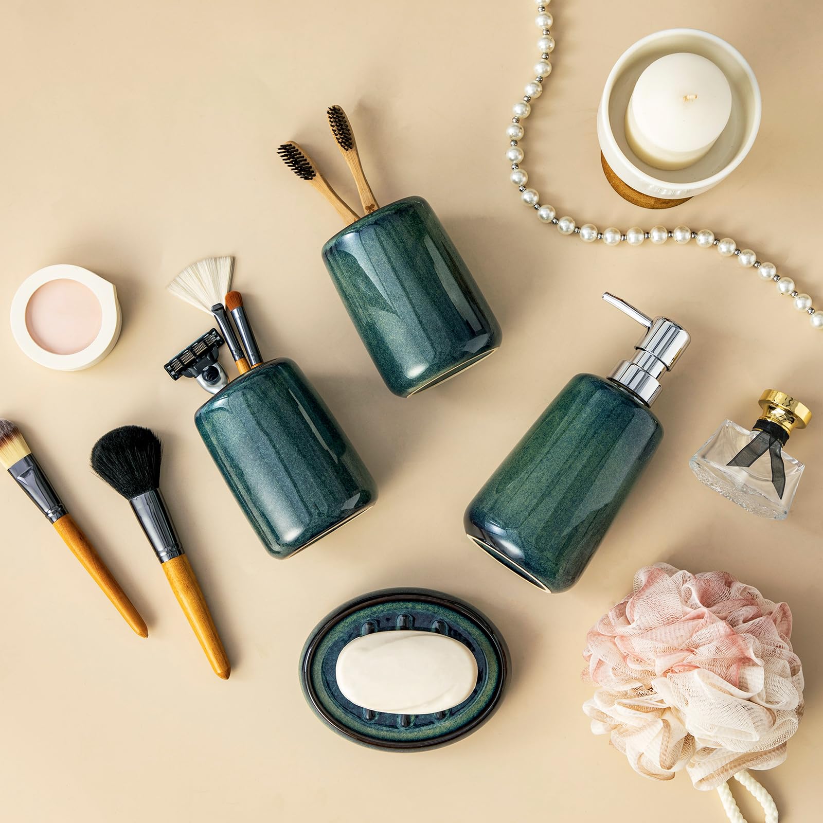 vancasso Set di accessori da bagno verde, dispenser di sapone in ceramica e portaspazzolino, set da 4 pezzi per lavabo da bagno in gres porcellanato, per arredamento moderno della casa, serie Starry