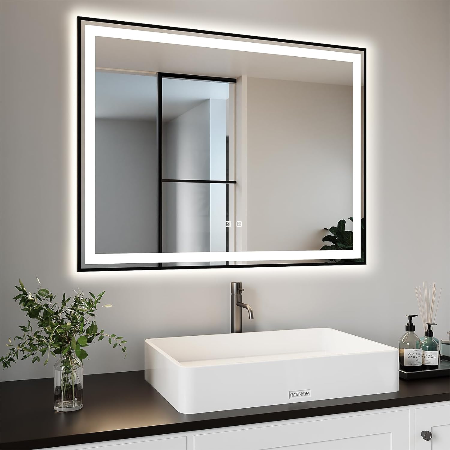 ROOMTEC 48 x 36 Inches LED Bathroom Mirror with Front and Backlit,Anti-Fog,3 Colors and Dimmable Light(Horizontal/Vertical)