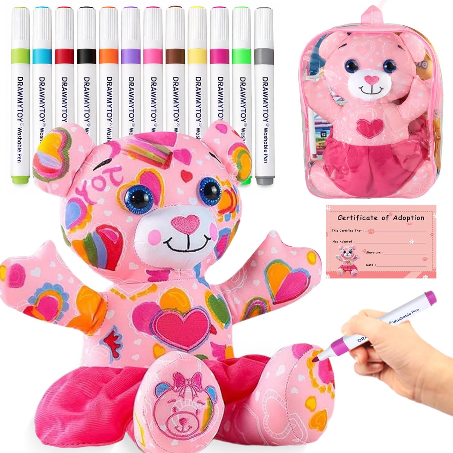 DRAWMYTOY Coloring Plush Toy with 12 Washable Markers for Little Girls Doodle Dolls for Kids Ages 4-6 Birthday (Pink Bear)