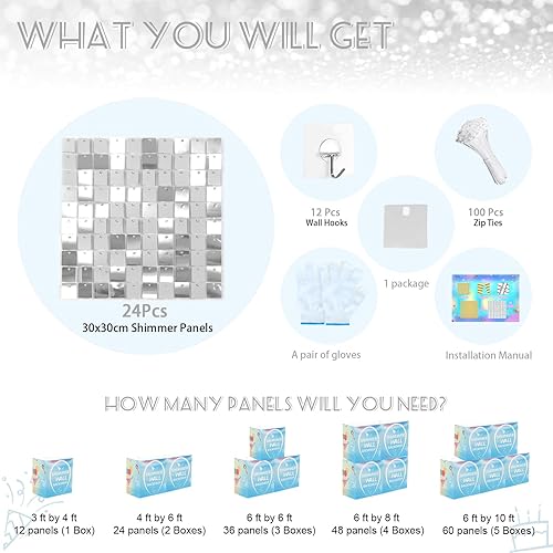 Miniatura 5 de Fondo de pared brillante, 24 paneles, telón de fondo plateado con lentejuelas con purpurina para decoración de boda, despedida de soltera, cumpleaños