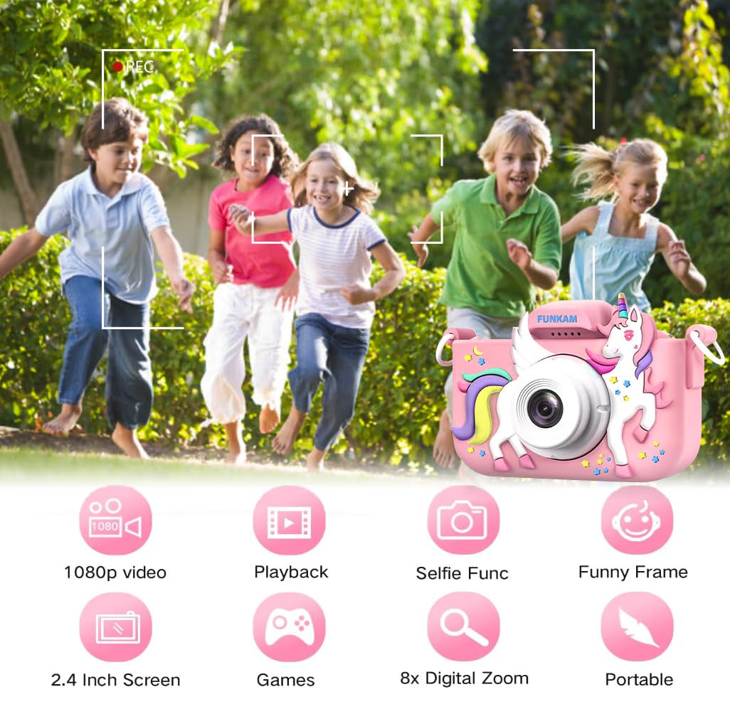 FUNKAM Kids Camera Toys for Girls and Boys Age 3-14, Kids Digital Camera Toddler Birthday Gifts, HD 1080P - Video Camera with Cute Unicorn Protective Cover, 32GB SD Card, Lanyard & Pen Drive (Pink)