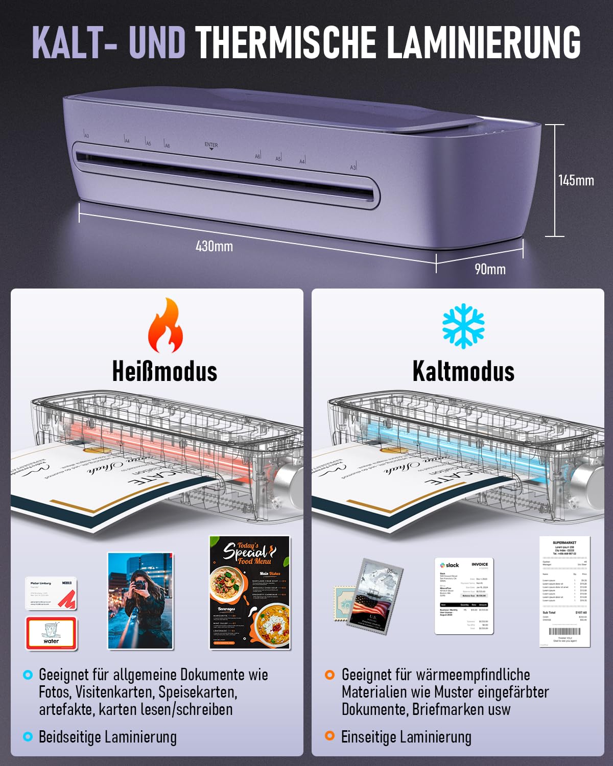 Laminiergerät A3 mit Laminierfolien 30 Stück, Heiß und Kalt Foliergerät für A3 A4 A5 A6, 9 in 1 Laminiergerät mit Papierschneider und Eckenabrunder, Laminator für Schule Zuhause Büro Datei