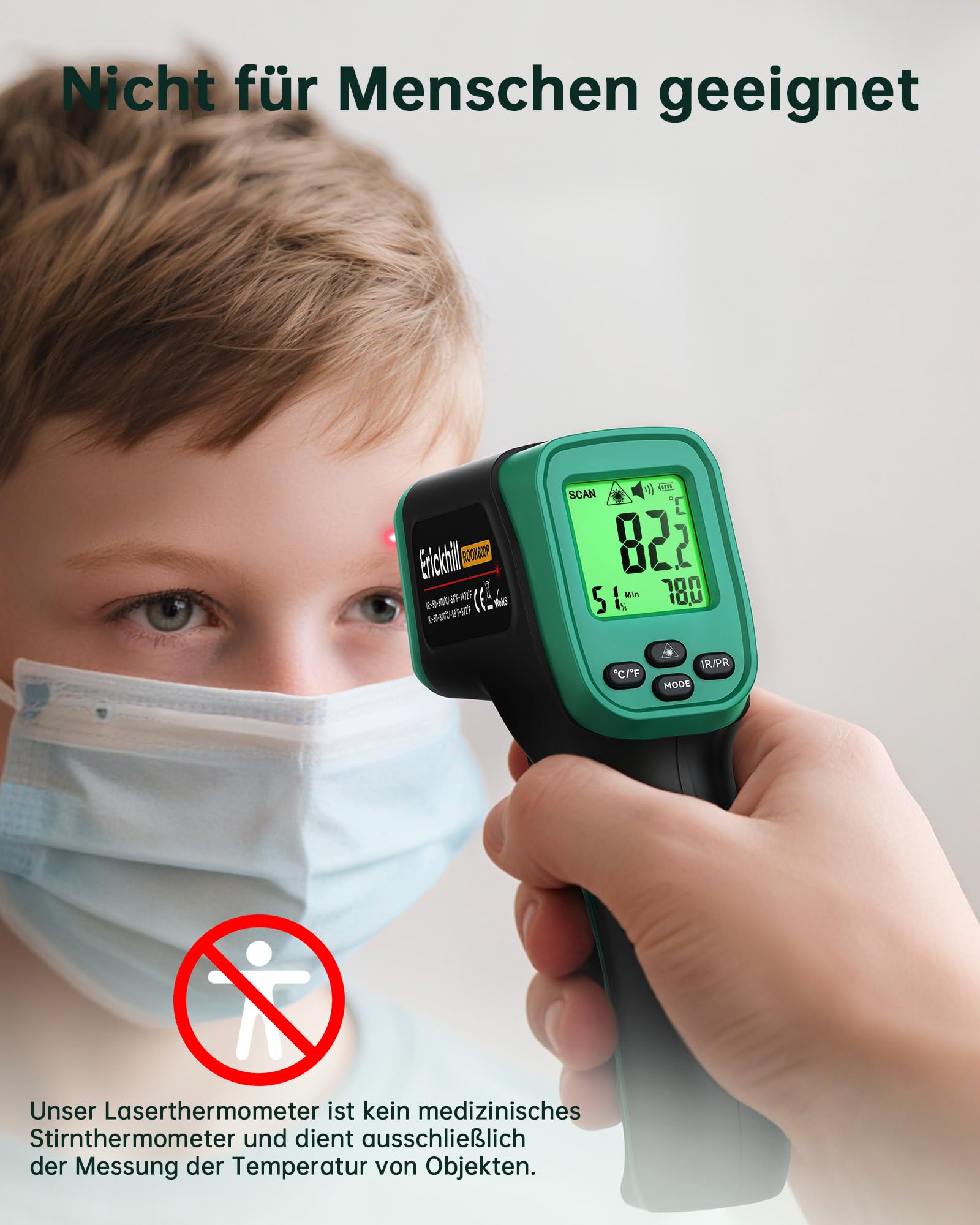 ERICKHILL Infrarot-Thermometer -50°C bis 800°C, berührungsloses digitales Laserthermometer mit -50°C bis 300°C Fleischsonde, einstellbarer Emissionsgrad – geeignet zum Kochen/Grillen/Einfrieren