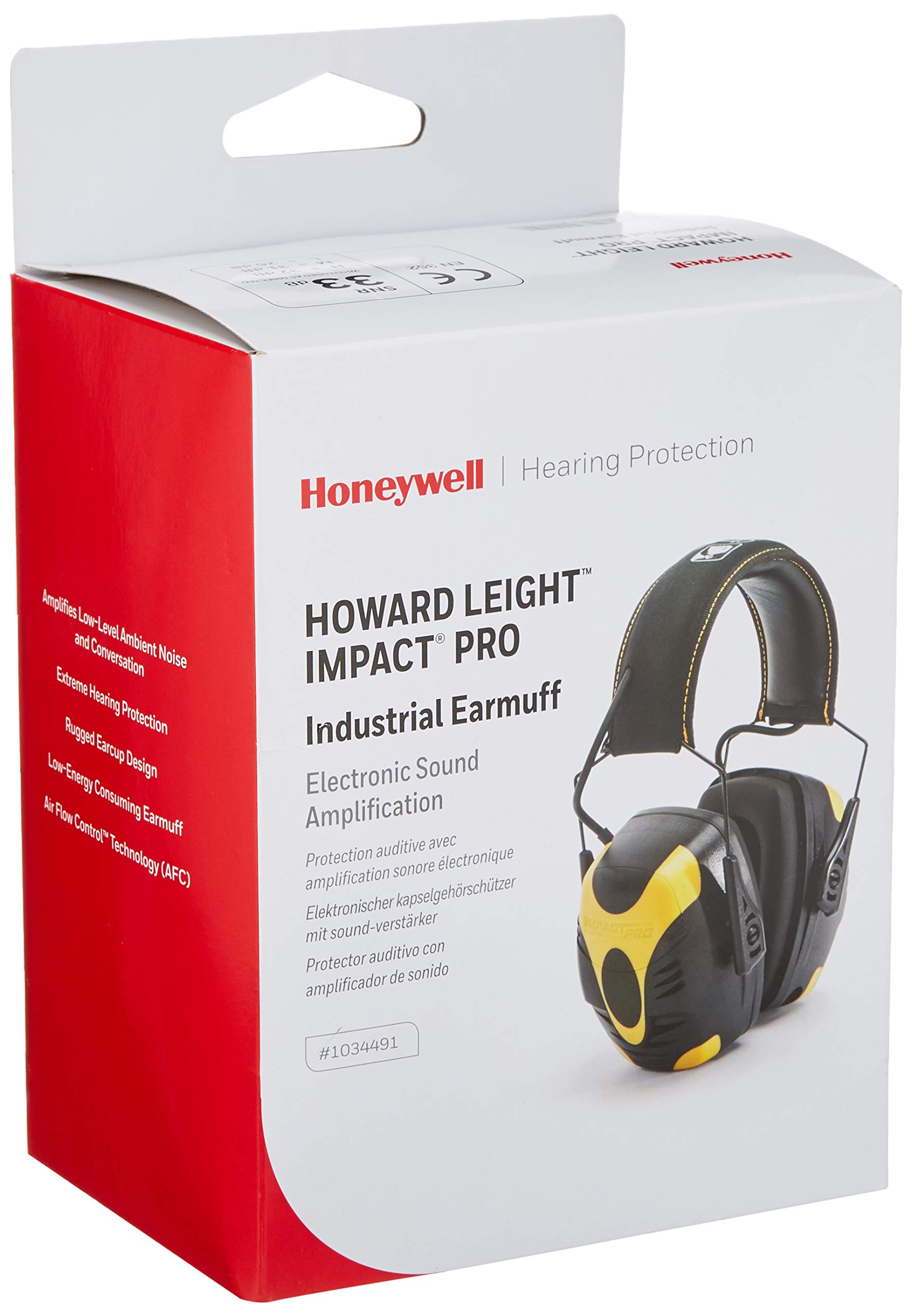 Honeywell 1034491 Howard Leight Impact Pro nauszniki przemysłowe z aktywną ochroną, kierunkowe mikrofony stereofoniczne, złącze audio jack, czarno-żółte, SNR 33 dB