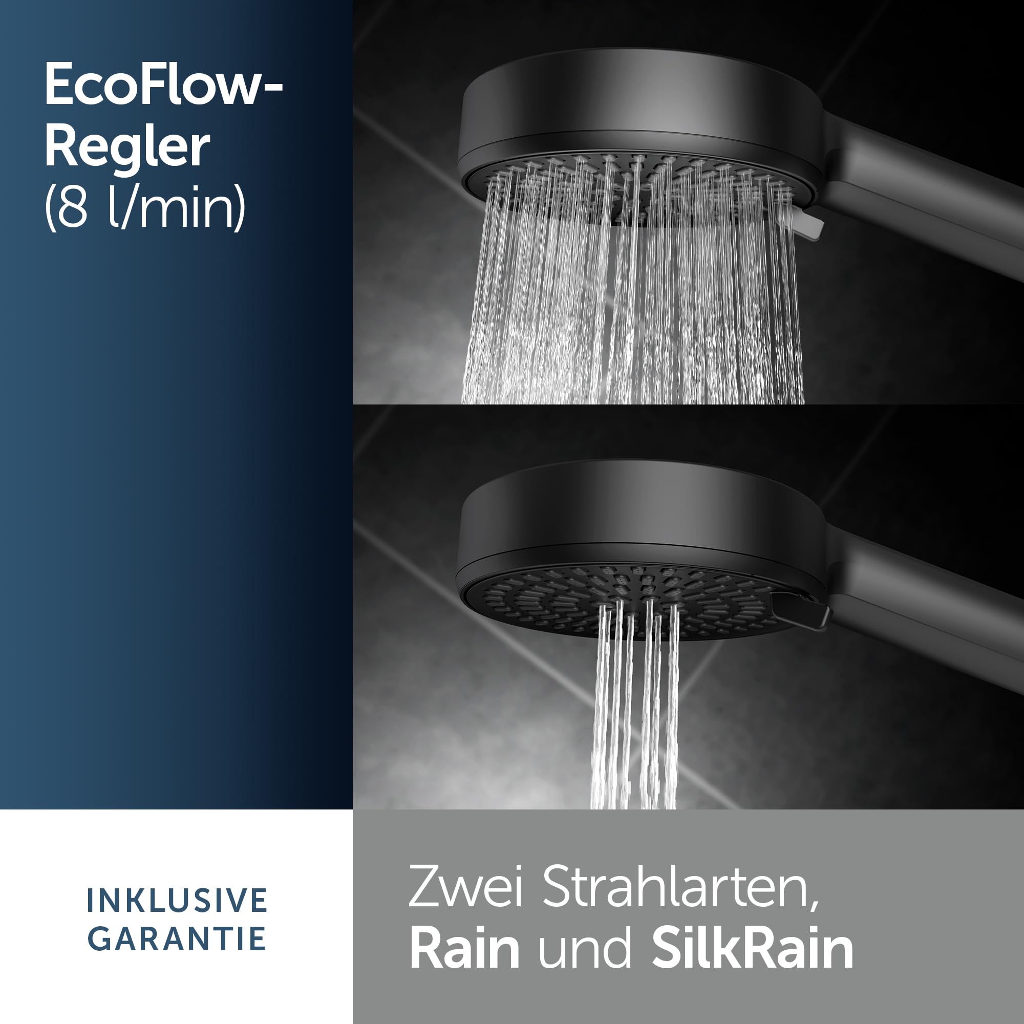 Ideal Standard Idealrain Alu+ Brausekombination, Wassersparender Duschkopf mit zwei Strahlarten (SilkRain und Rain) und verstellbaren Ablagen – Schwarz Matt (349x157x600 mm)
