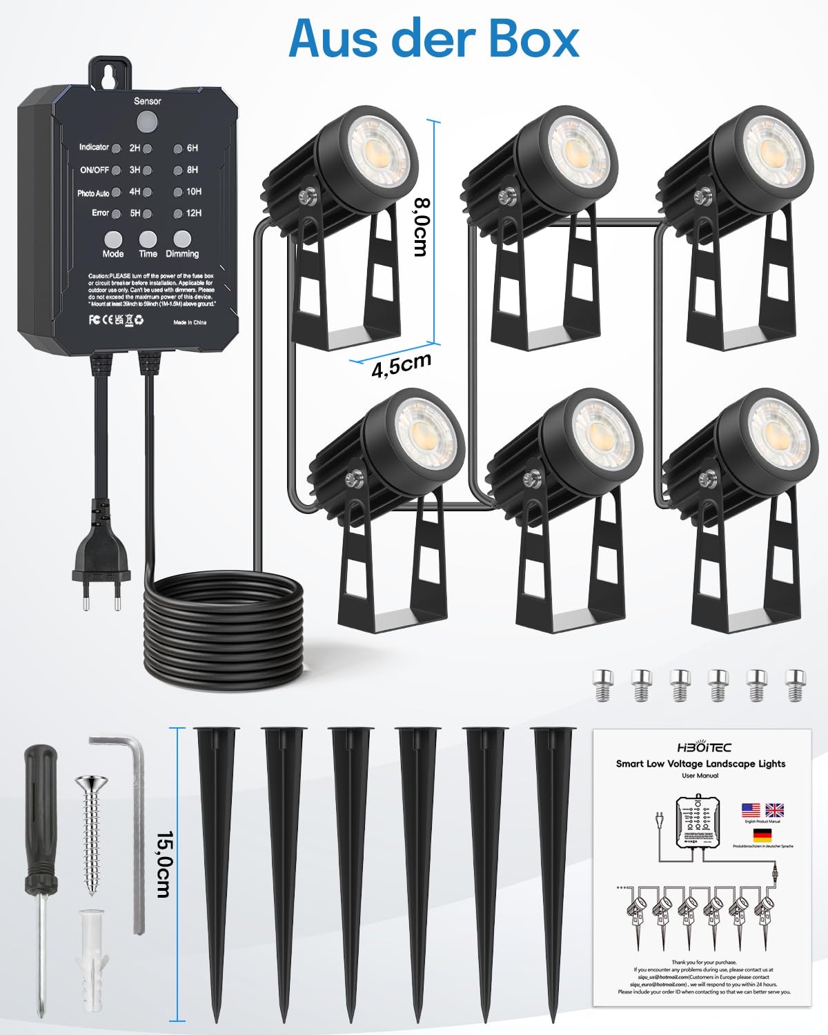 HIBOITEC Dimmbar Gartenbeleuchtung mit Transformator, 16M Fotosensor Gartenstrahler Led Außen Wasserdicht, 2700K Gartenbeleuchtung mit Strom, Timer Gartenlampen für Haus Hof (6 Stück, Warmes Licht)